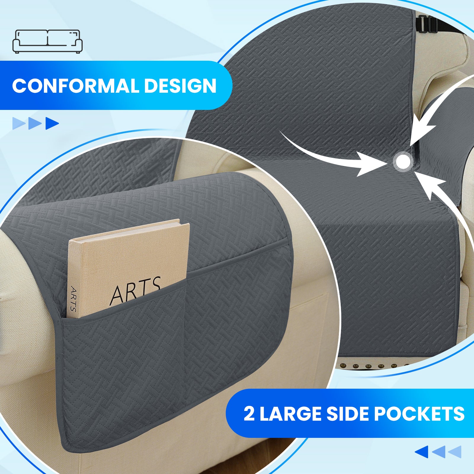 imperméable canapé couverture with Side Pockets and antidérapant design
