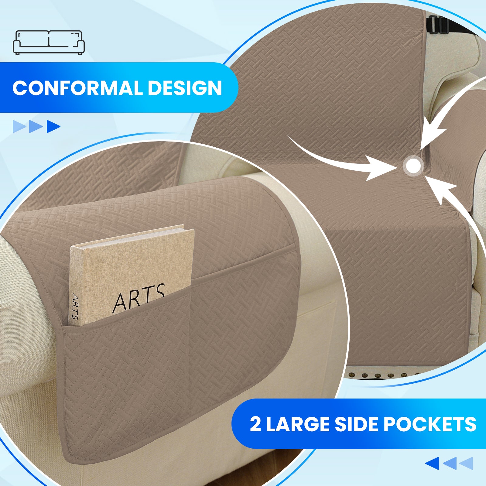 imperméable canapé couverture with Side Pockets and antidérapant design