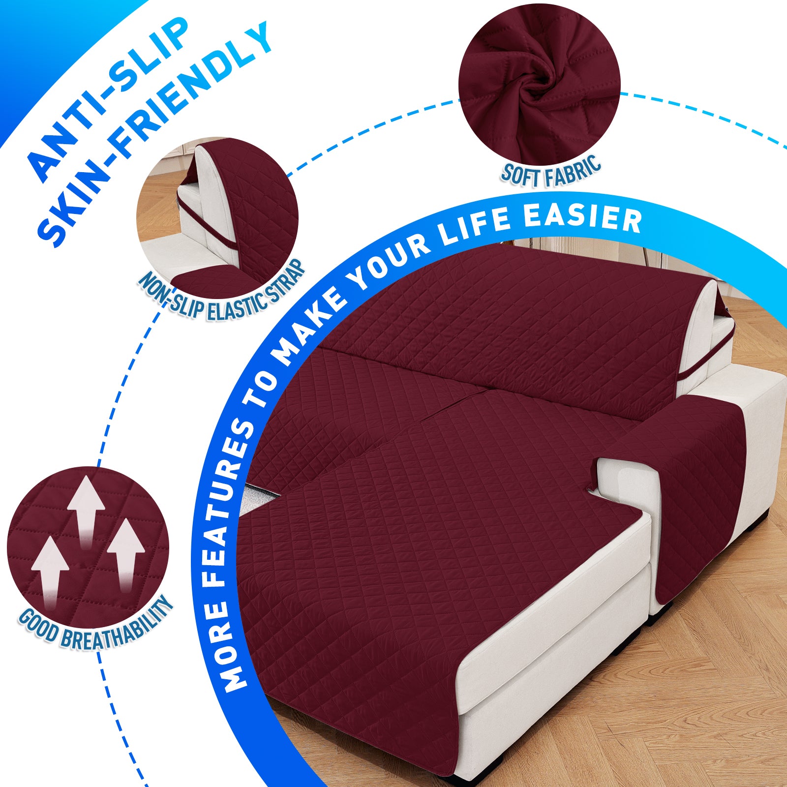 Ystyle Waterproof 3 Seater Corner Sofa Cover Reversible Anti Slip