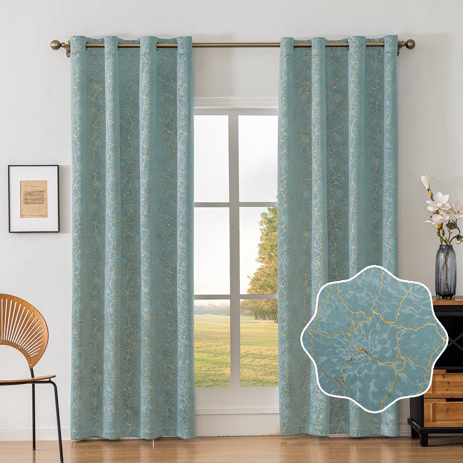 Ystyle 2 Stück Samt Verdunklungs Vorhänge 140x225 cm Gold Druck