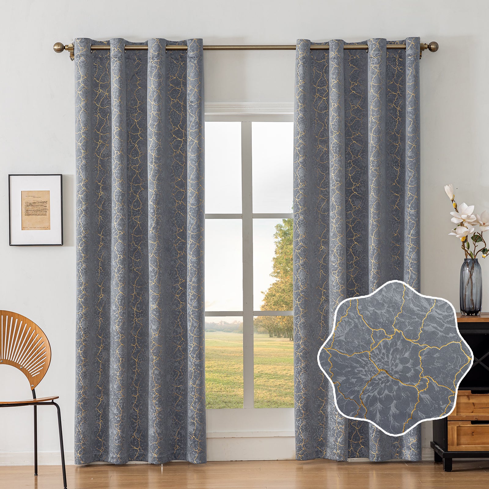 Ystyle 2 Stück Samt Verdunklungs Vorhänge 140x225 cm Gold Druck