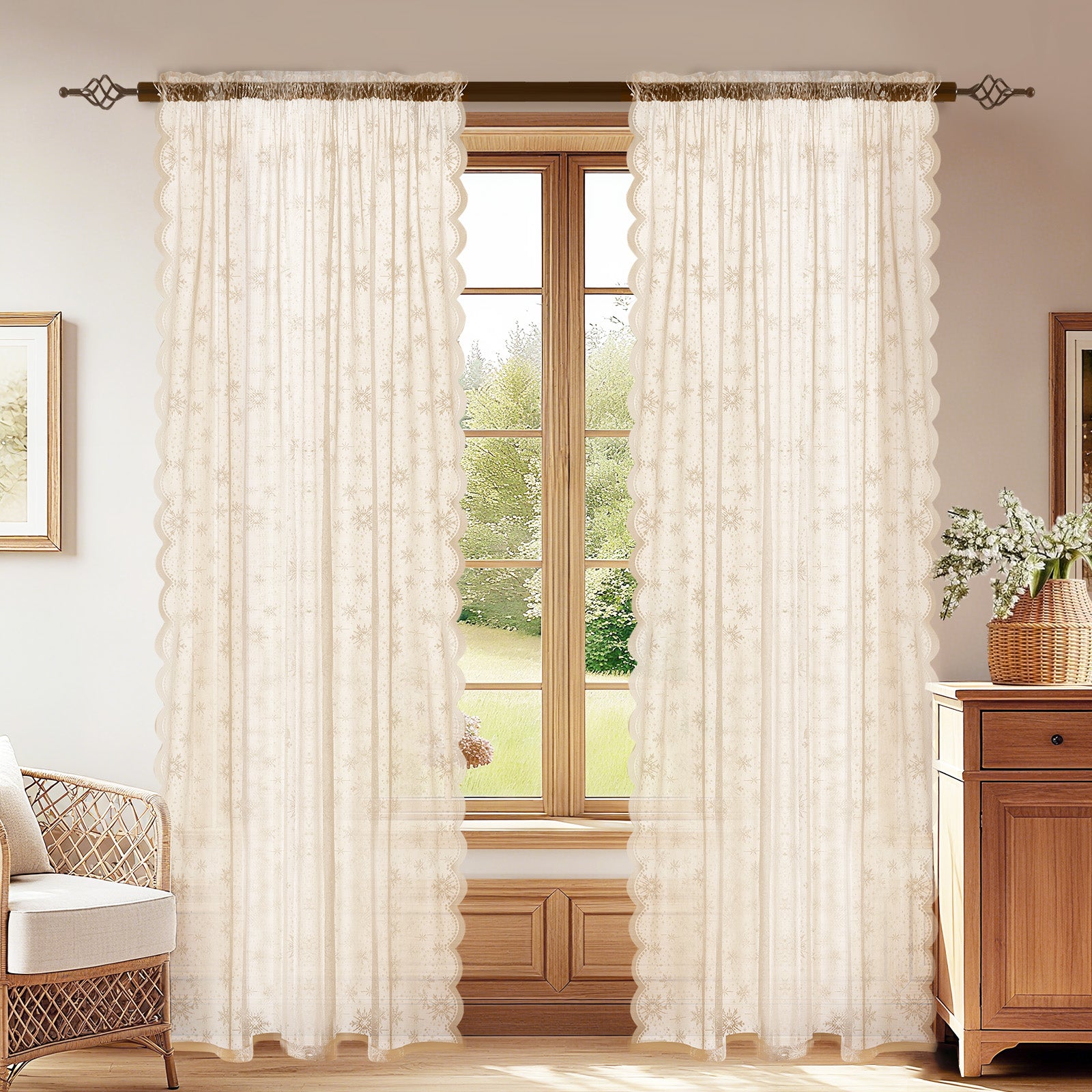 Ystyle 2 Panels Set, Semi-Sheer Indoor Curtains, 70x120cm, Classic Snowflake Pattern Lace Voile Curtains with Rod Pocket