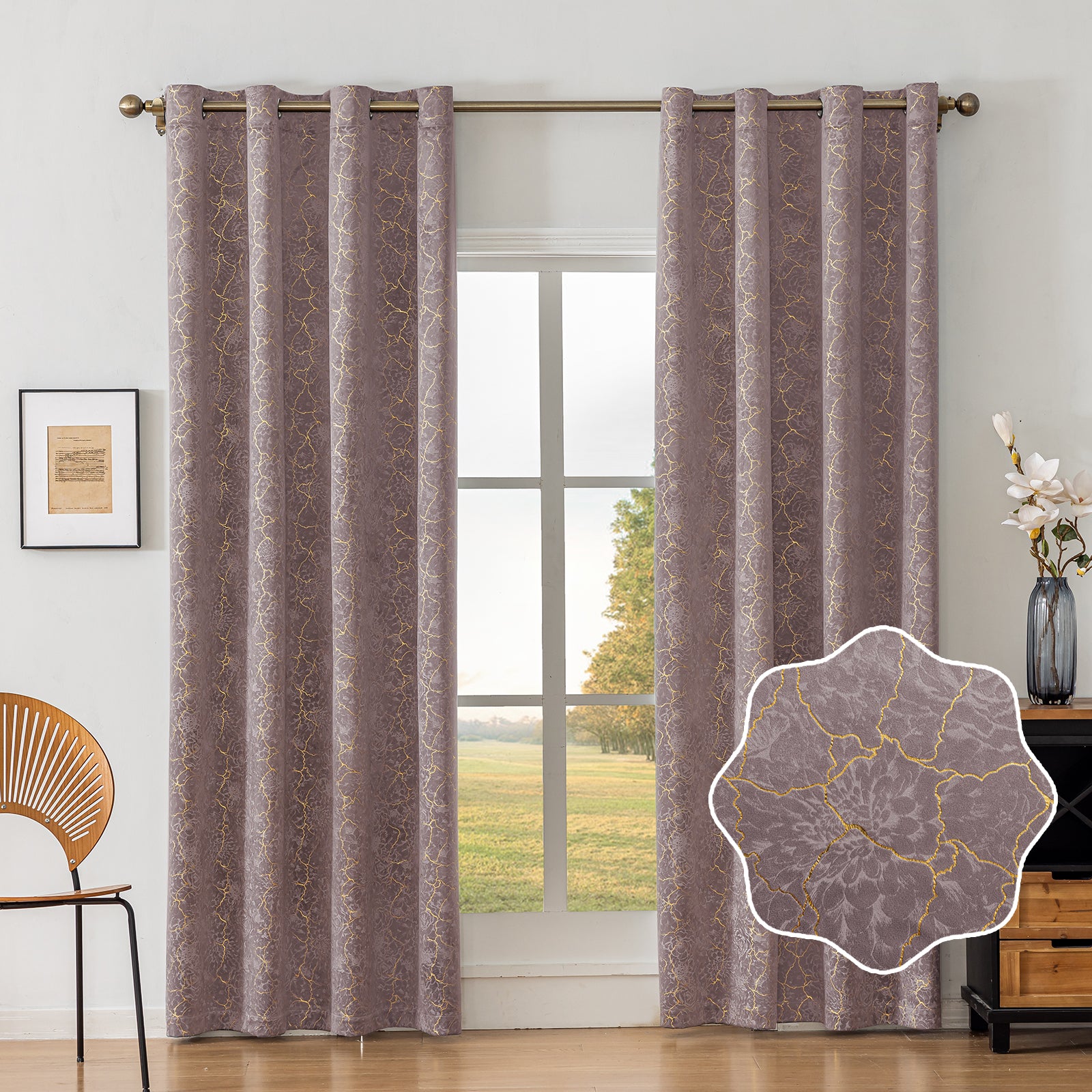 Ystyle 2 Stück Samt Verdunklungs Vorhänge 140x225 cm Gold Druck