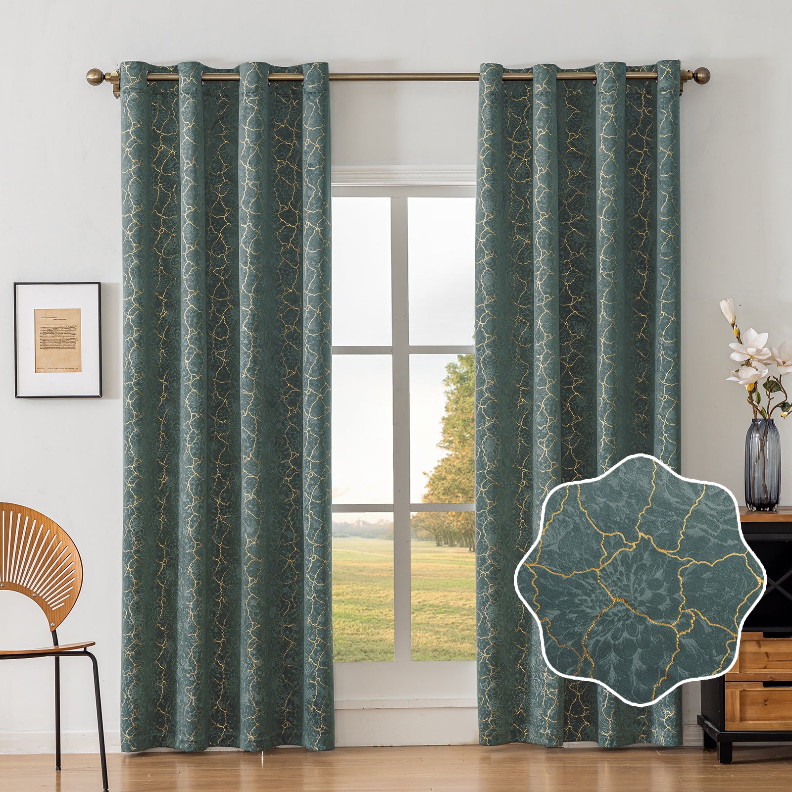 Ystyle 2 Stück Samt Verdunklungs Vorhänge 140x225 cm Gold Druck