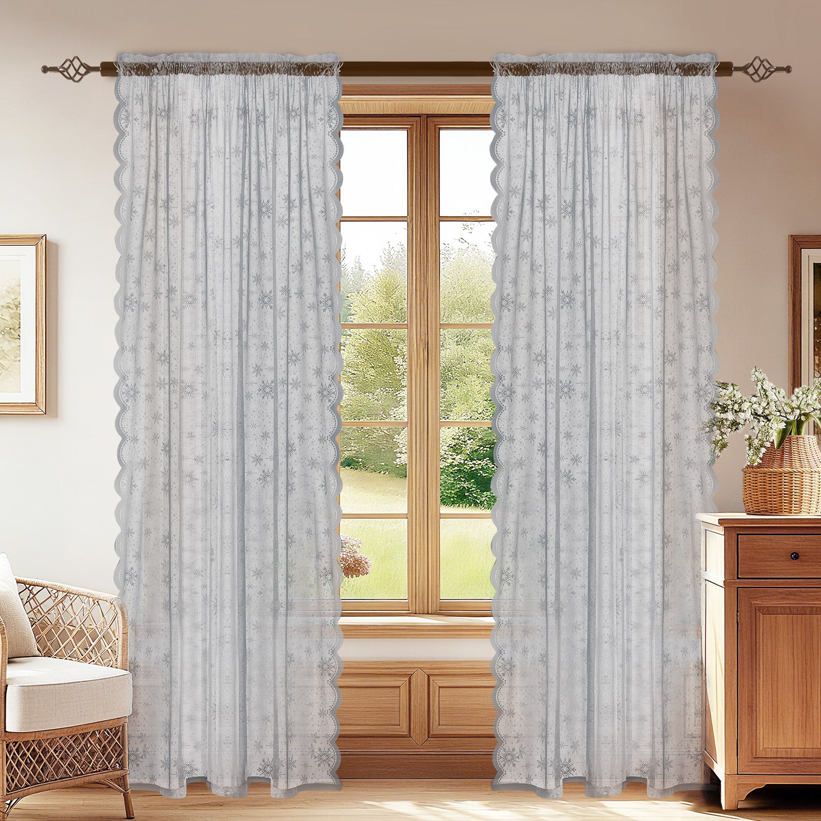 Ystyle 2 Panels Set, Semi-Sheer Indoor Curtains, 70x120cm, Classic Snowflake Pattern Lace Voile Curtains with Rod Pocket