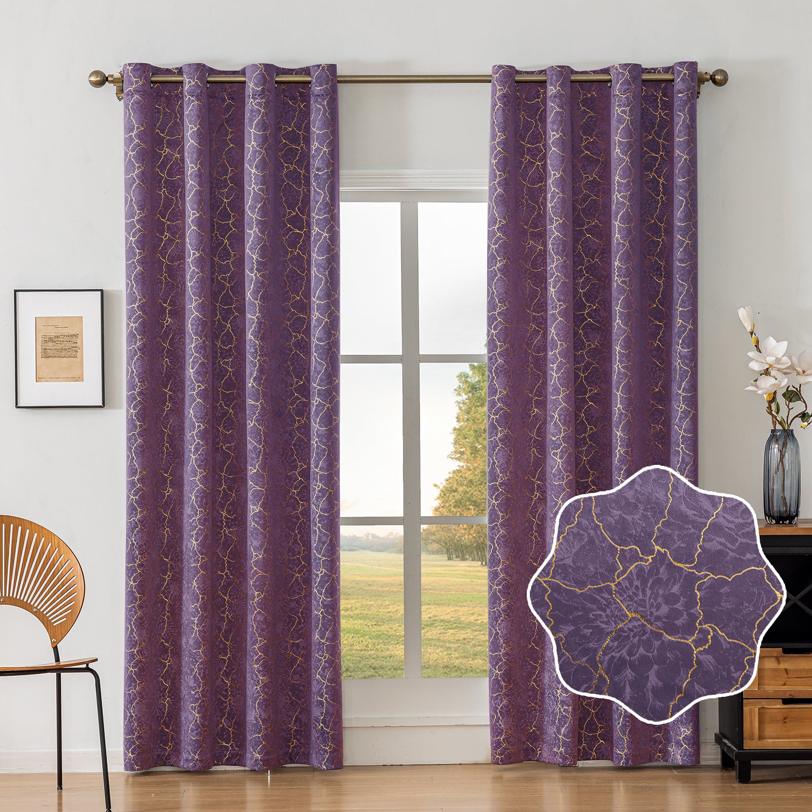 Ystyle 2 Stück Samt Verdunklungs Vorhänge 140x225 cm Gold Druck