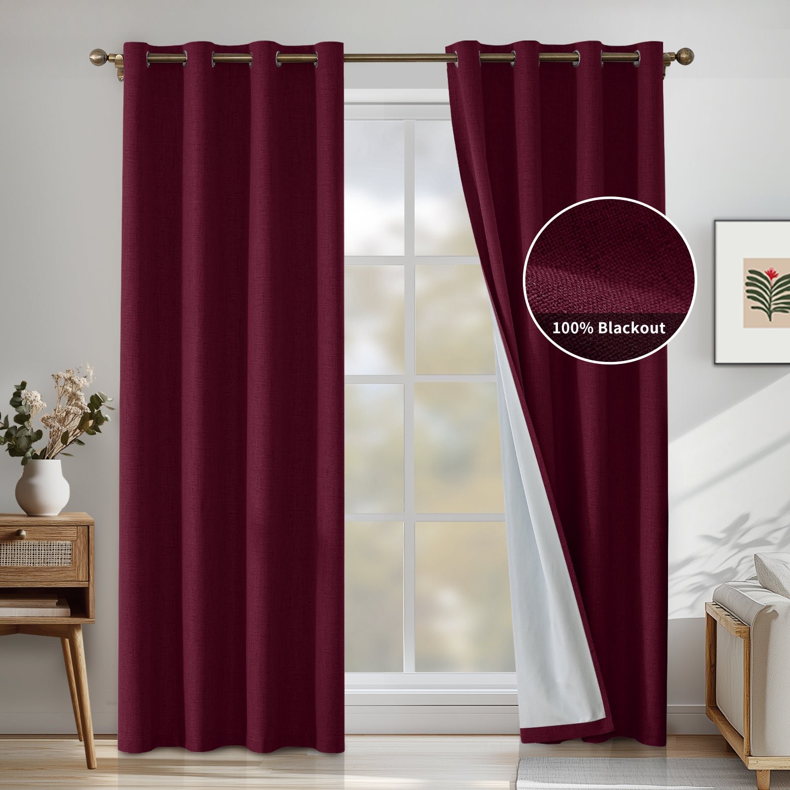 2 Pieces 100% Blackout Linen Curtains 140x175 cm Thermal