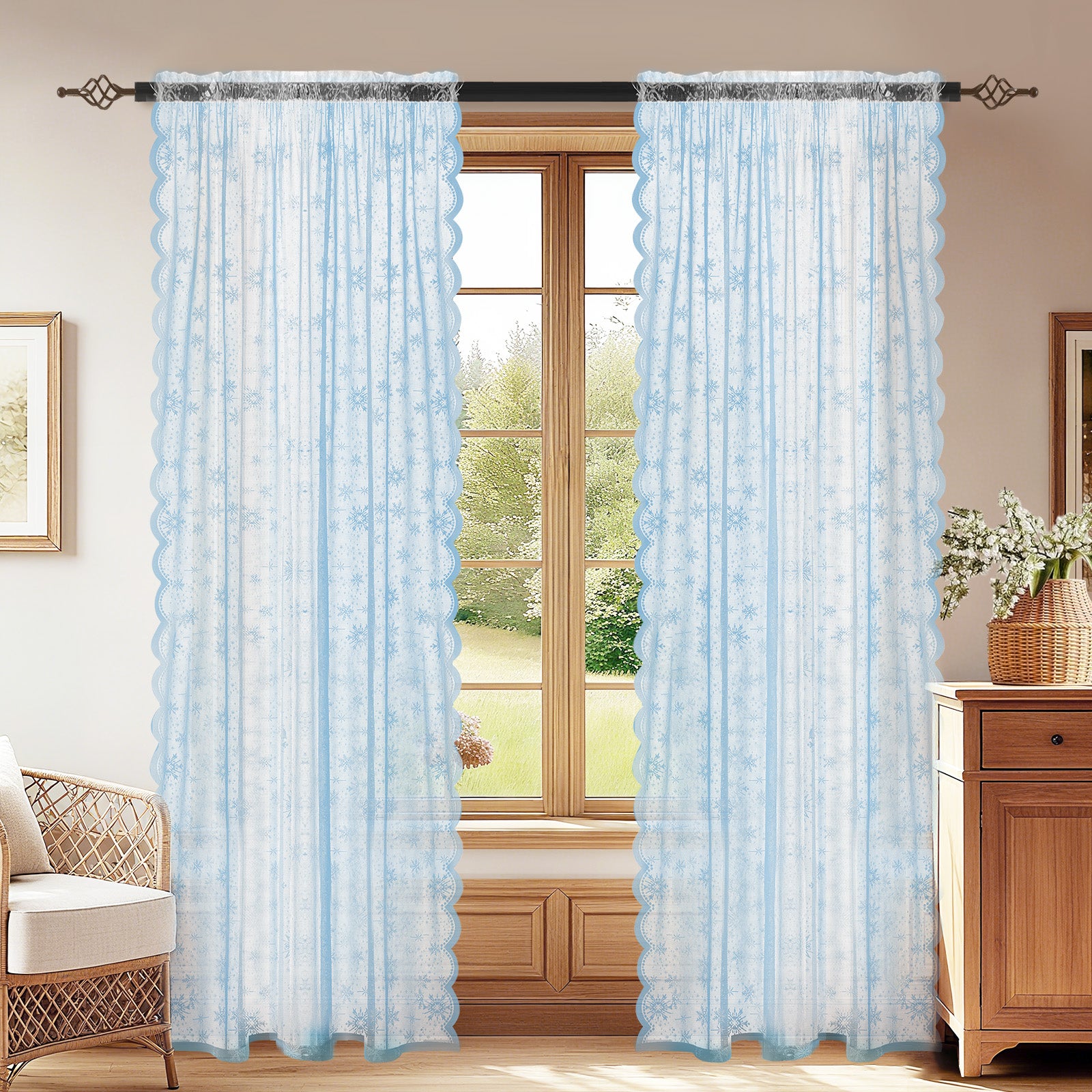 Ystyle 2 Panels Set, Semi-Sheer Indoor Curtains, 70x120cm, Classic Snowflake Pattern Lace Voile Curtains with Rod Pocket