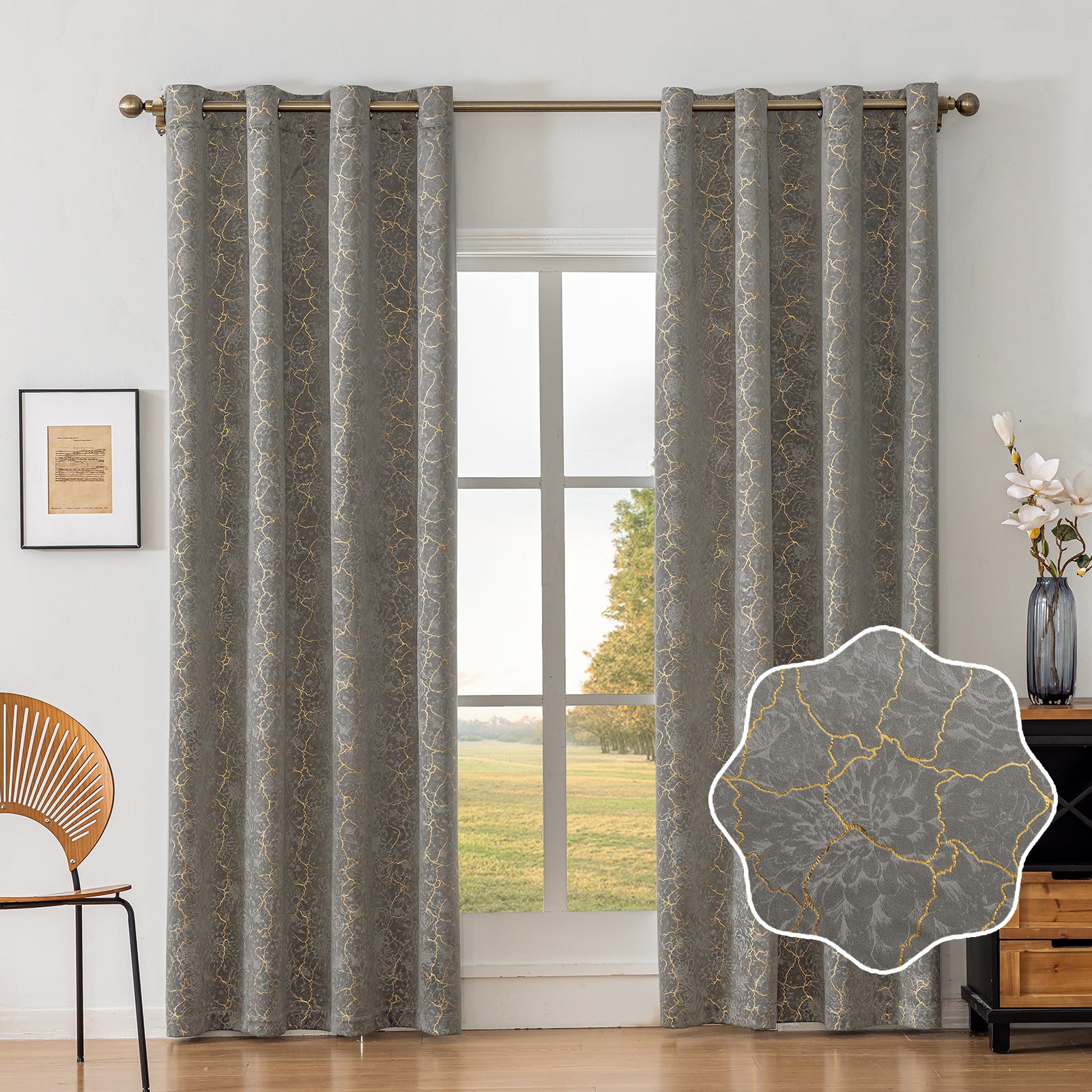 Ystyle 2 Stück Samt Verdunklungs Vorhänge 140x225 cm Gold Druck