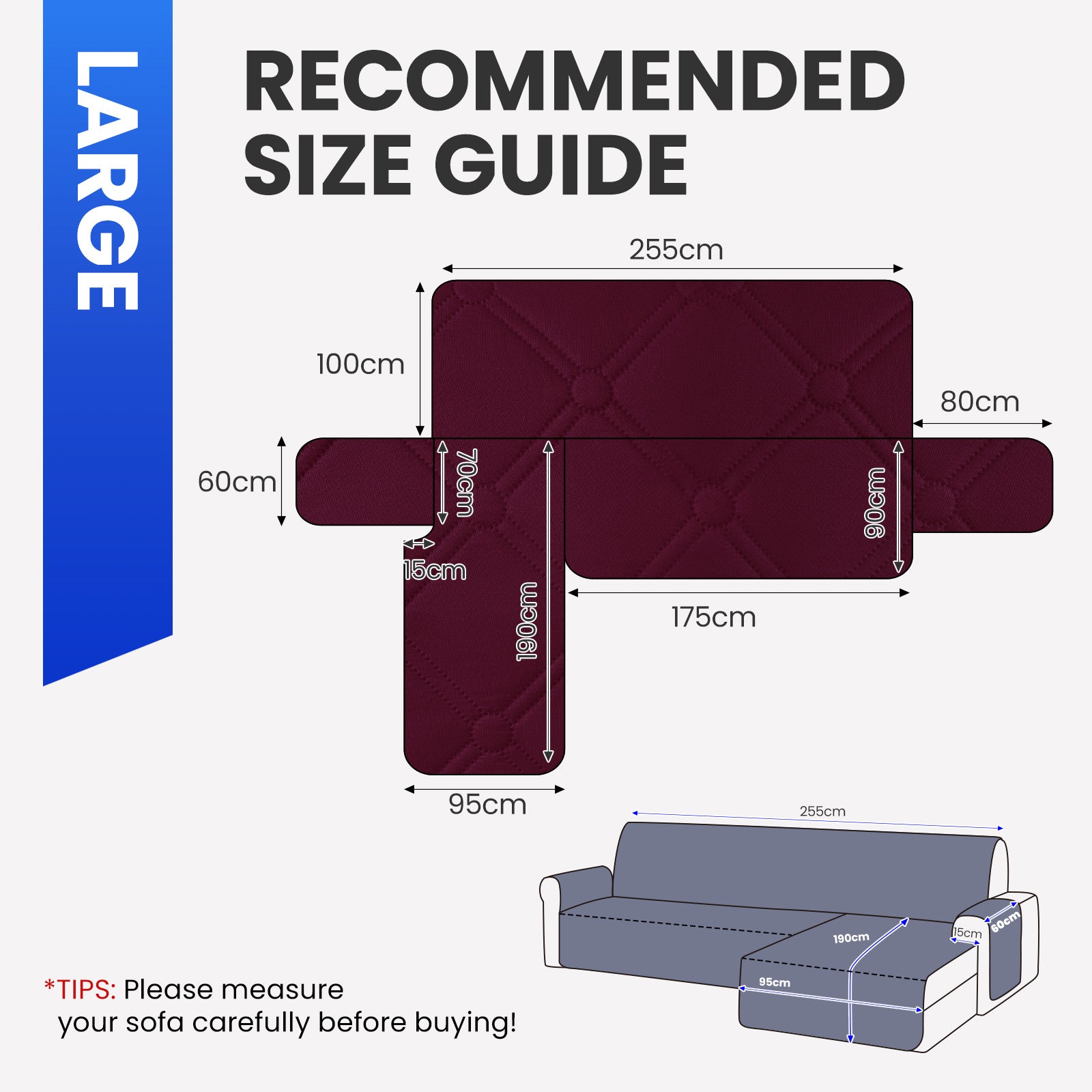 Ystyle Waterproof 3 Seater Corner Sofa Cover Reversible 225 cm