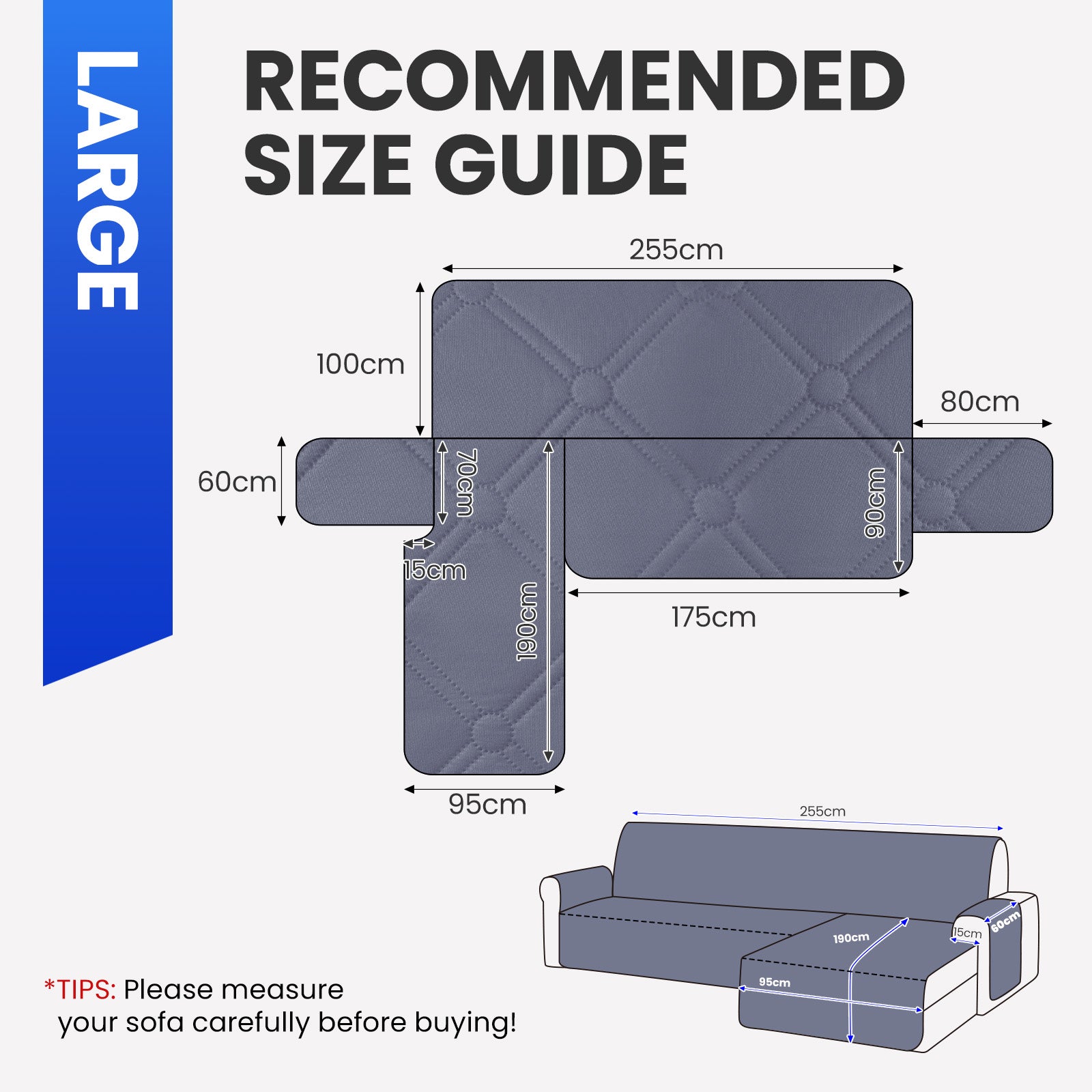 Ystyle Waterproof 3 Seater Corner Sofa Cover Reversible 225 cm