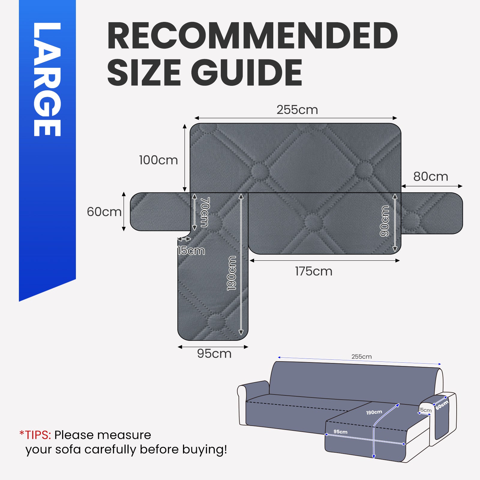 Ystyle Waterproof 3 Seater Corner Sofa Cover Reversible 225 cm