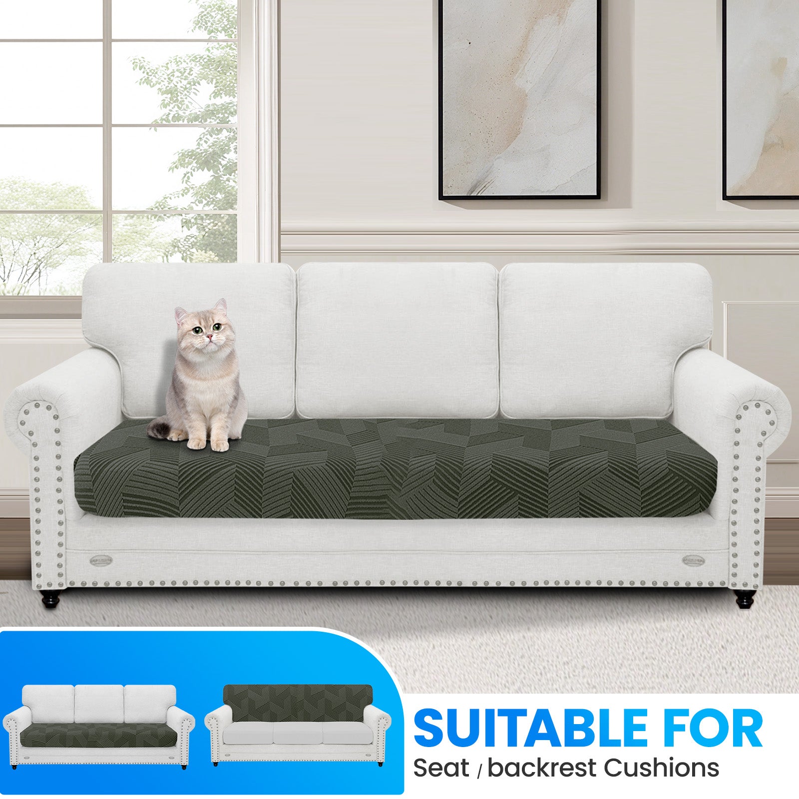 Ystyle 3 Seater Elastic Sofa Seat Cover, Universal Living Room Cushion Cover, Separate Sofa Cushion Slipcovers, Non-Slip, Stain-Resistant, Super Soft & Washable