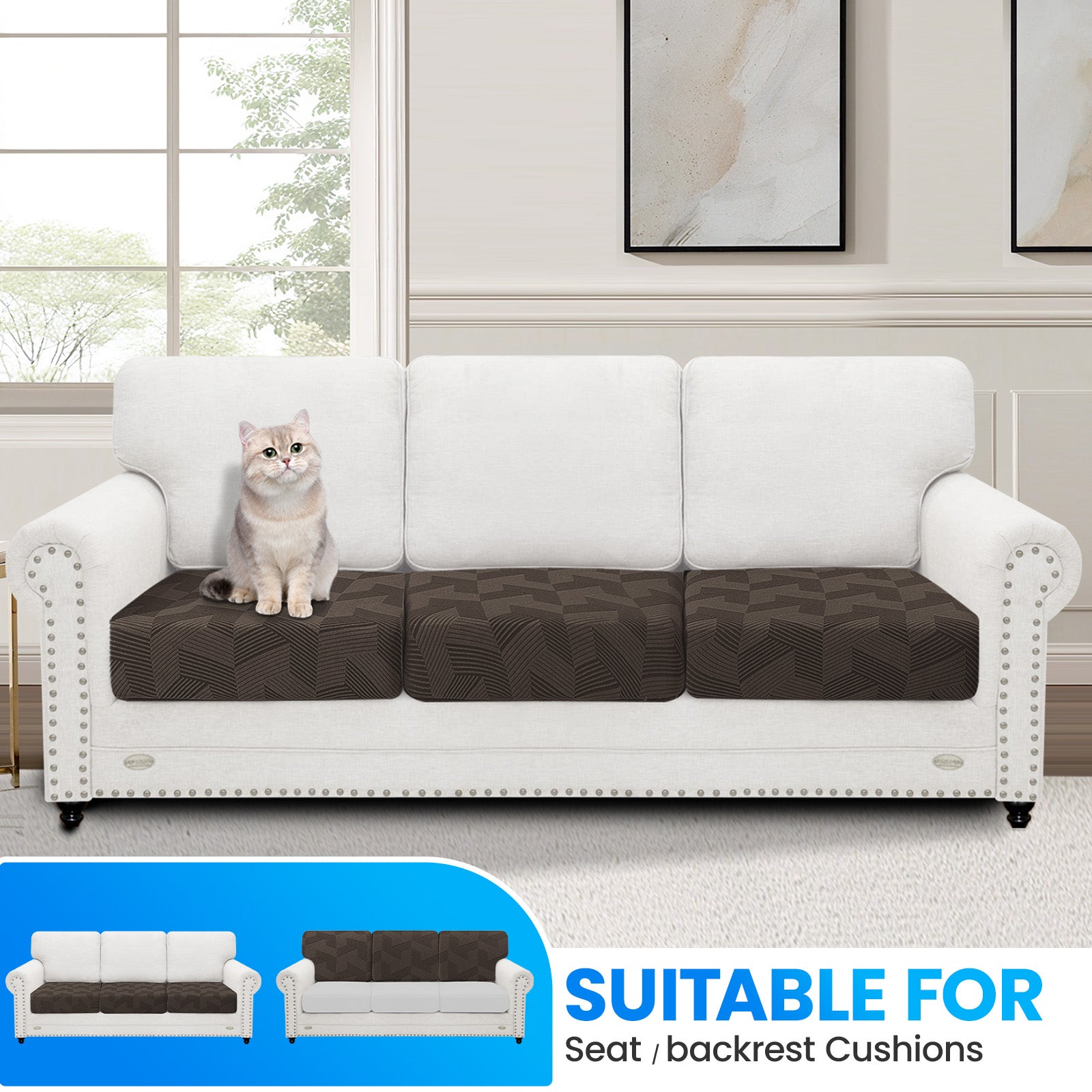 Ystyle 3 Piece Elastic Sofa Seat Cover, Universal Living Room Cushion Cover, Separate Sofa Cushion Slipcovers, Non-Slip, Stain-Resistant, Super Soft & Washable