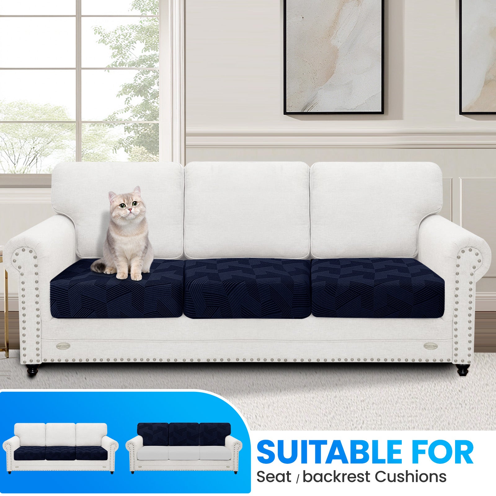 Ystyle 3 Piece Elastic Sofa Seat Cover, Universal Living Room Cushion Cover, Separate Sofa Cushion Slipcovers, Non-Slip, Stain-Resistant, Super Soft & Washable