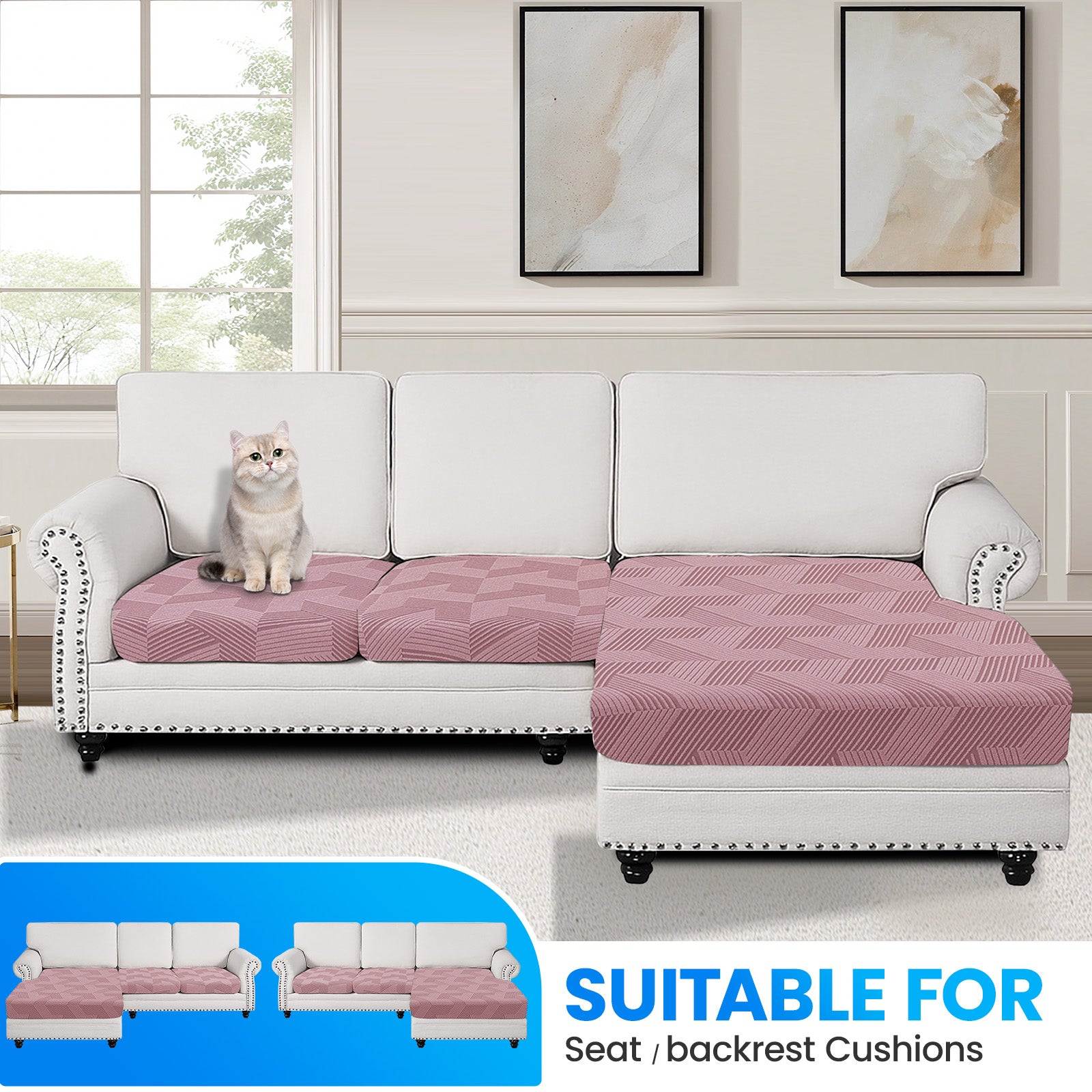 Ystyle Elastic Sofa Seat Cover, Universal Living Room Cushion Cover, Separate Sofa Cushion Slipcovers, Non-Slip, Stain-Resistant, Super Soft & Washable(2 Pieces+Chaise longue)