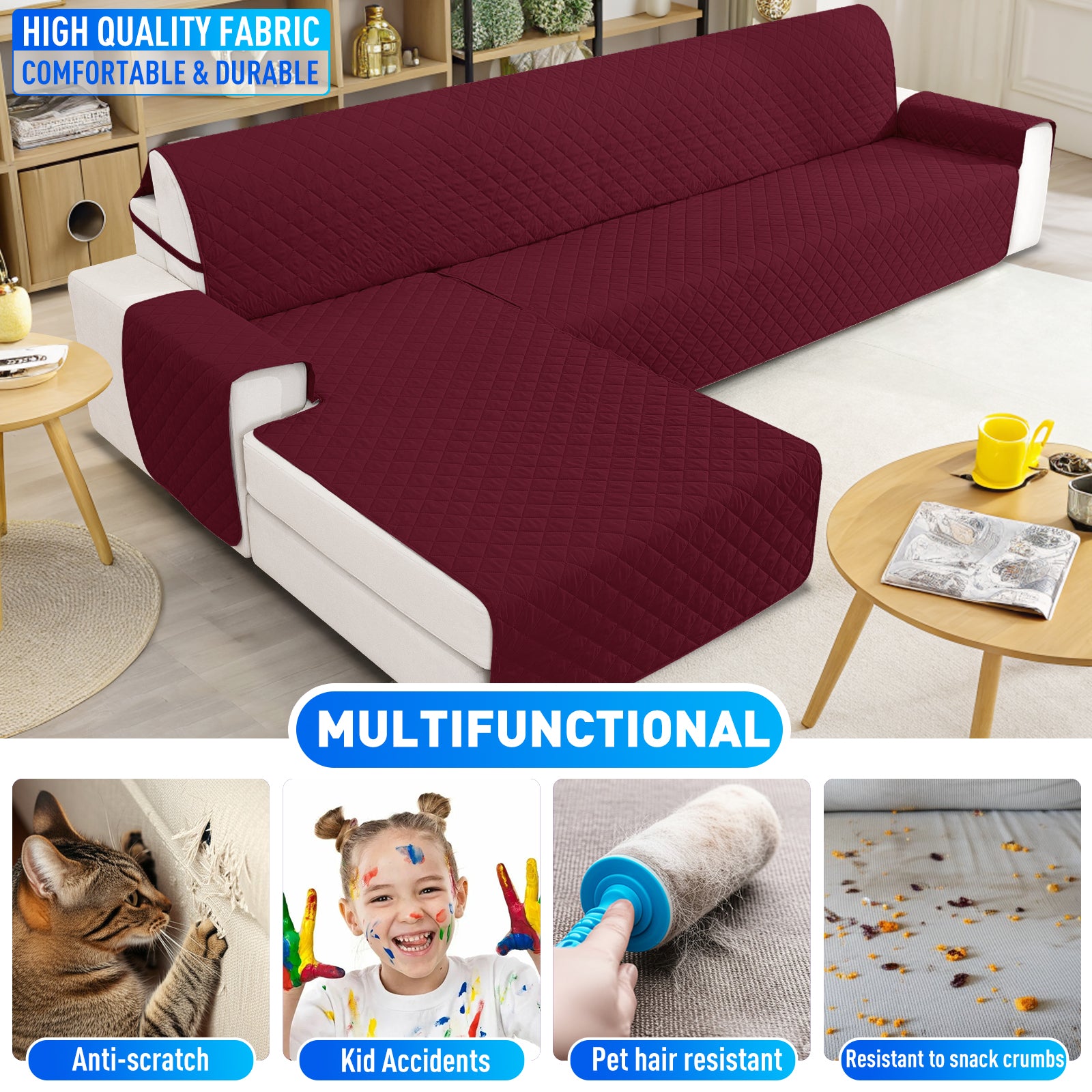 Ystyle Waterproof 3 Seater Corner Sofa Cover Reversible Anti Slip