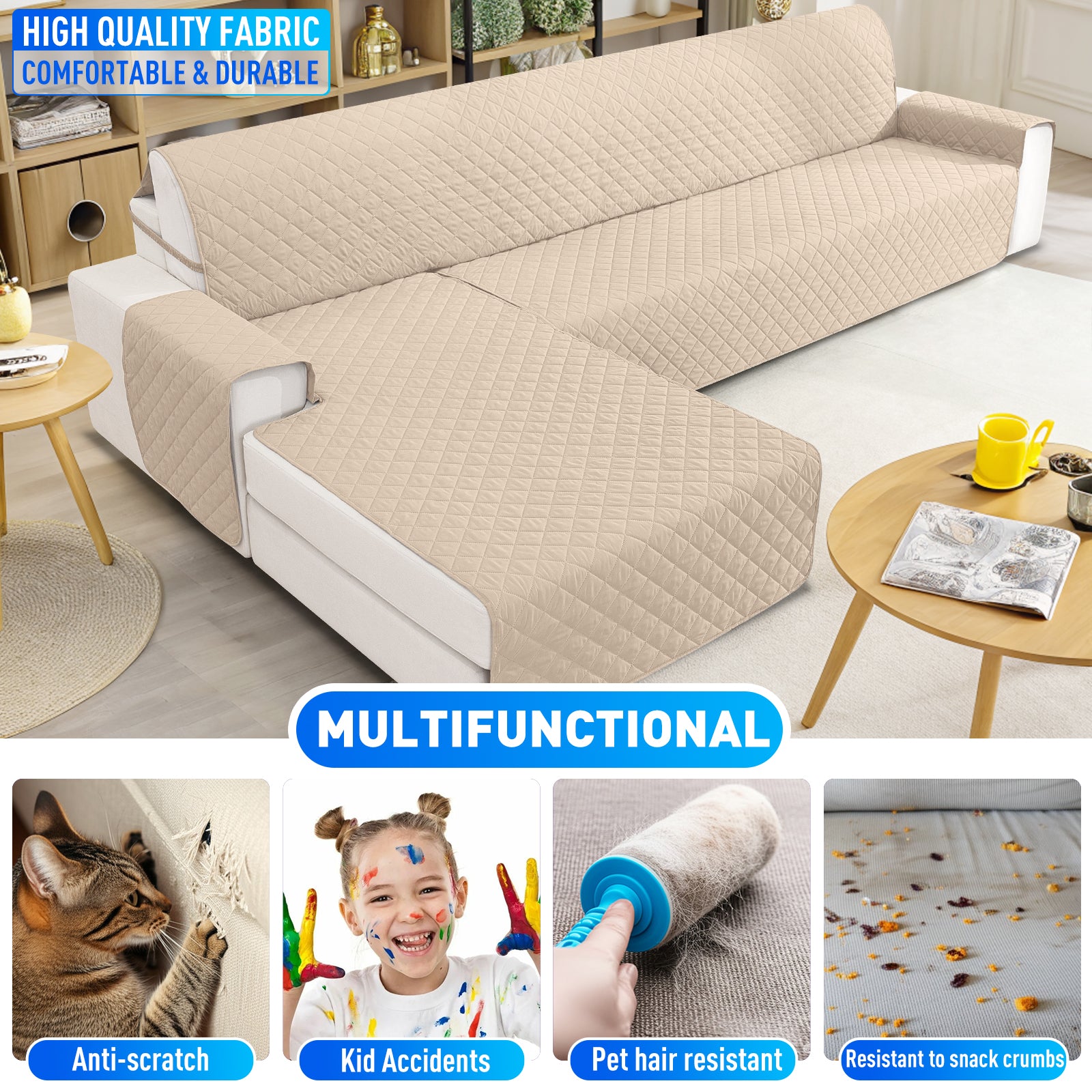 Ystyle Waterproof 3 Seater Corner Sofa Cover Reversible Anti Slip