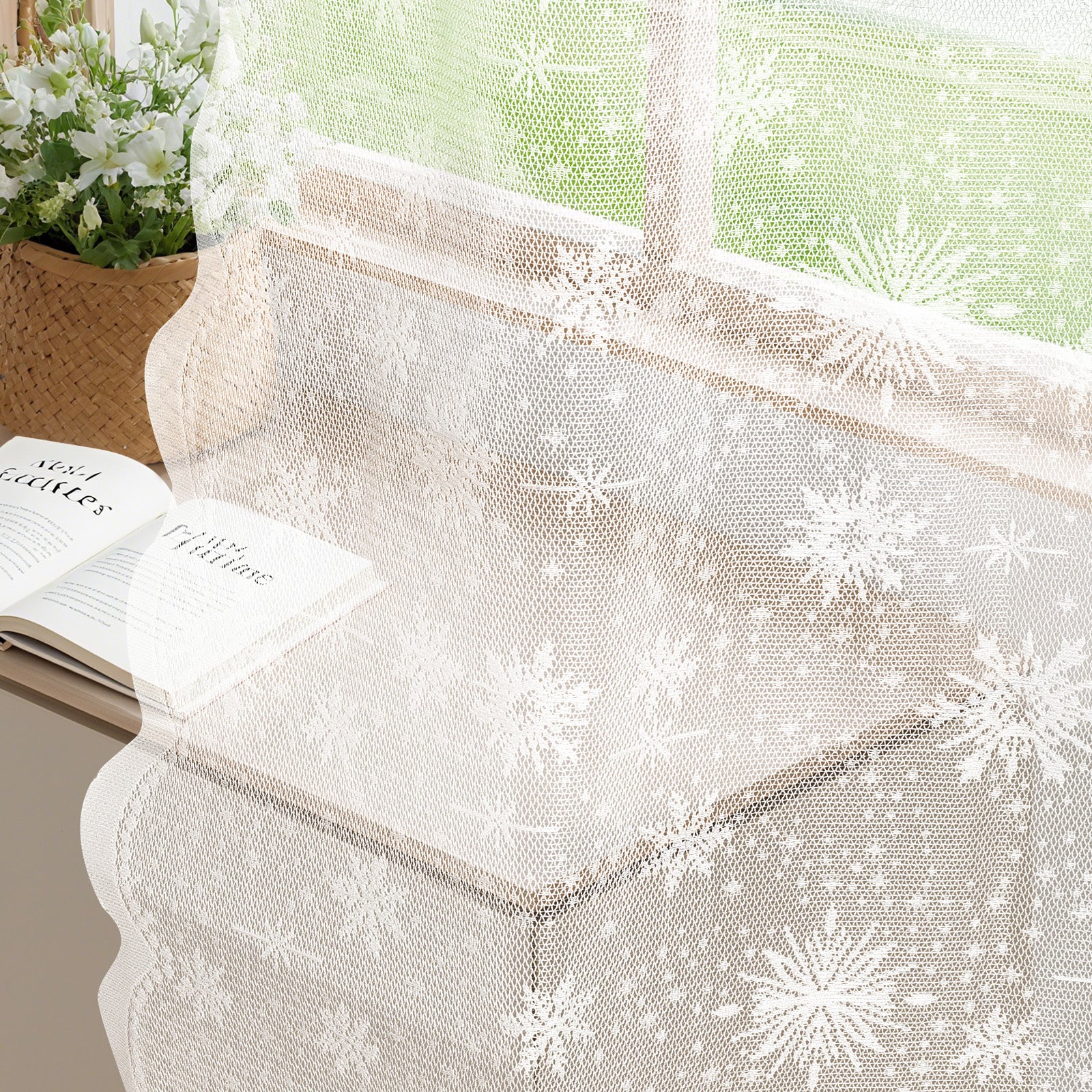 Ystyle 2 Panels Set, Semi-Sheer Indoor Curtains, 70x120cm, Classic Snowflake Pattern Lace Voile Curtains with Rod Pocket