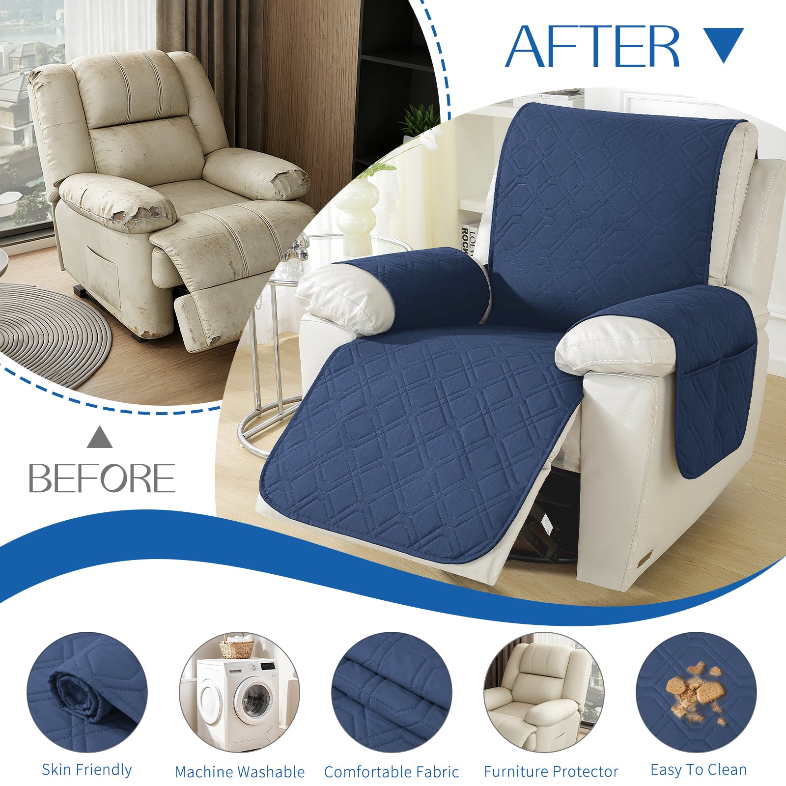 Larger imperméable Recliner Armchair couverture with accoudoirs antidérapant Pockets