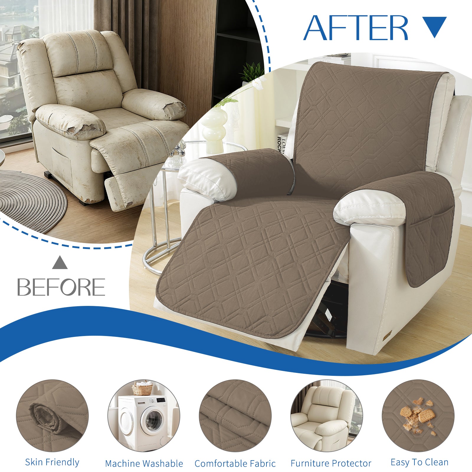 Larger imperméable Recliner Armchair couverture with accoudoirs antidérapant Pockets