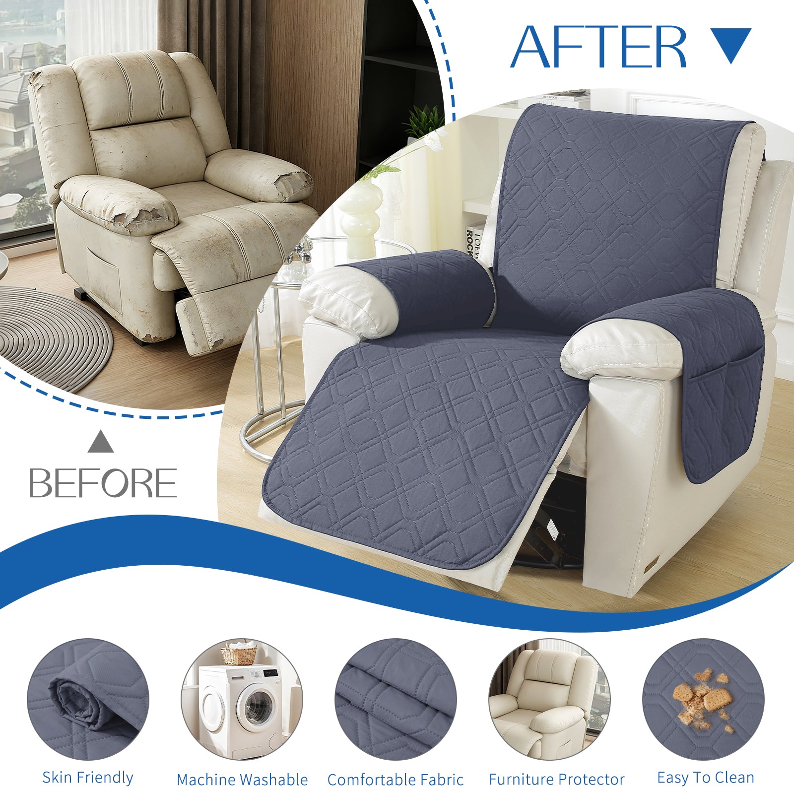 Larger imperméable Recliner Armchair couverture with accoudoirs antidérapant Pockets