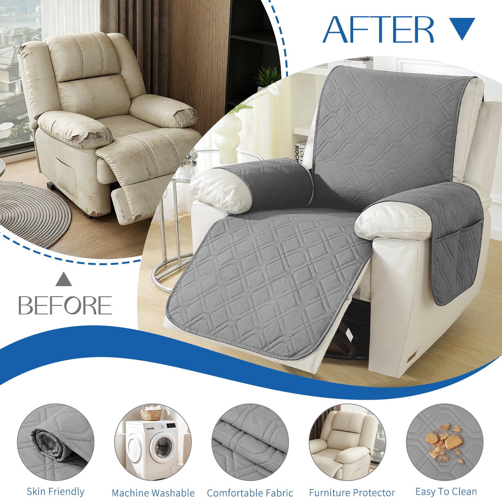 Larger imperméable Recliner Armchair couverture with accoudoirs antidérapant Pockets