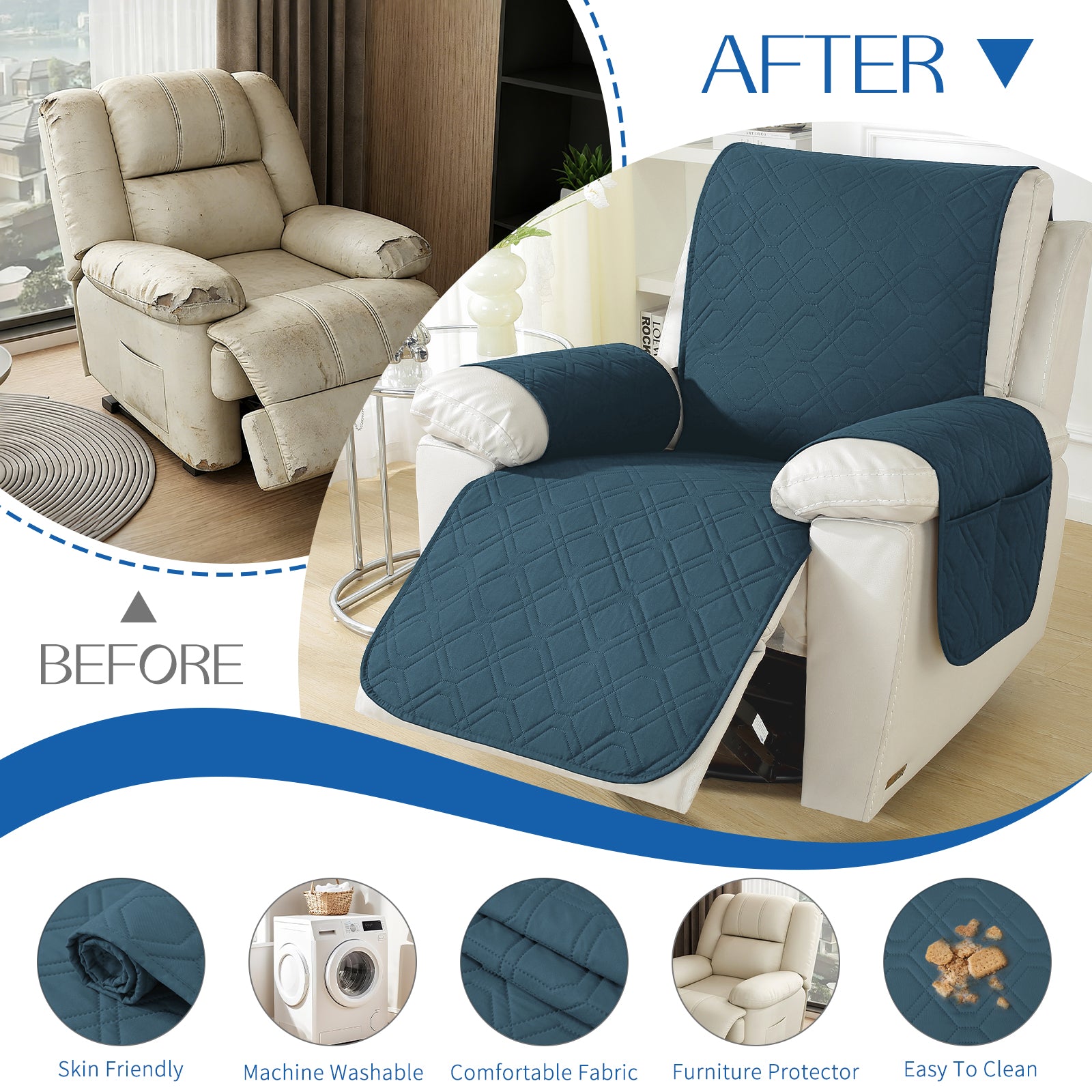 Larger imperméable Recliner Armchair couverture with accoudoirs antidérapant Pockets