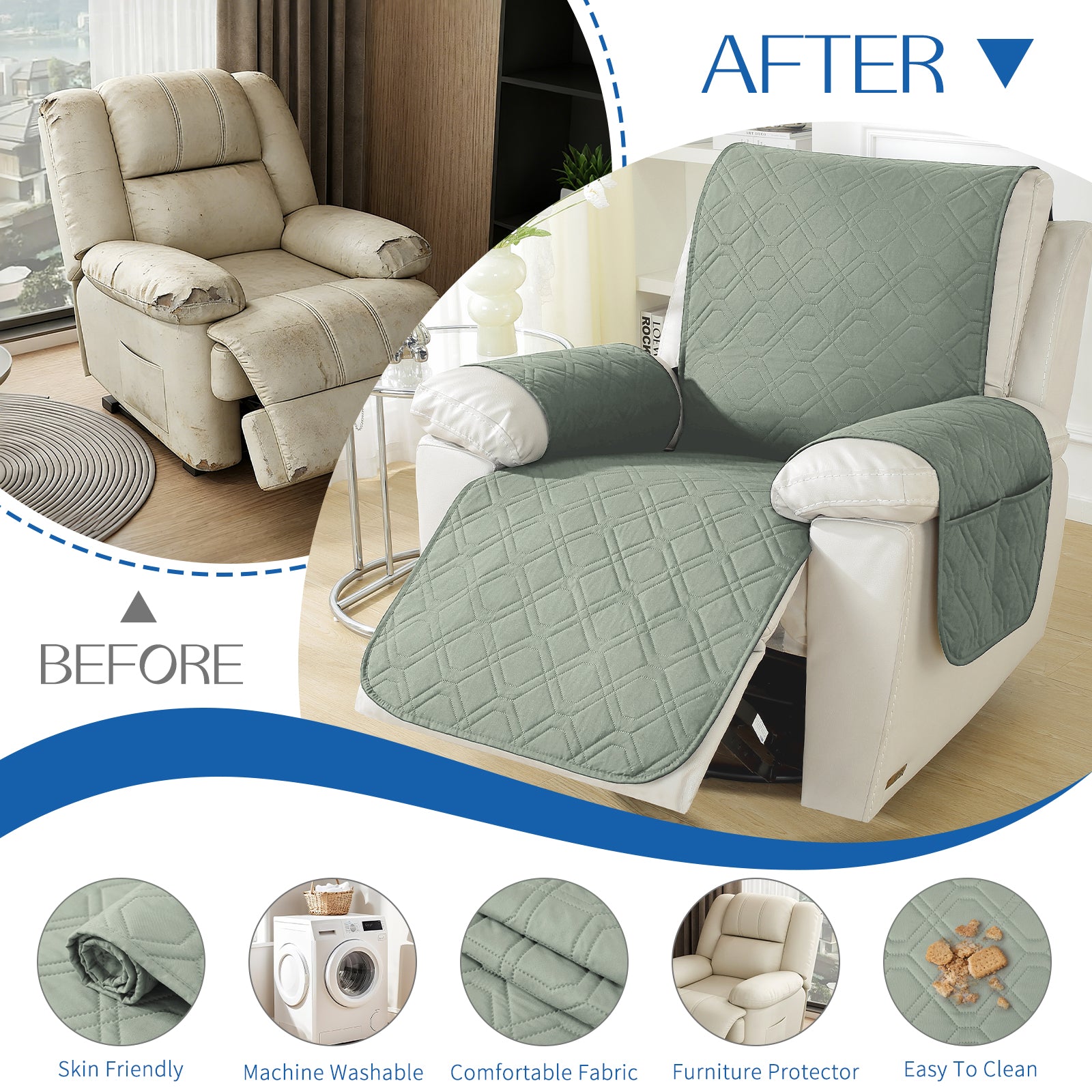 Larger imperméable Recliner Armchair couverture with accoudoirs antidérapant Pockets