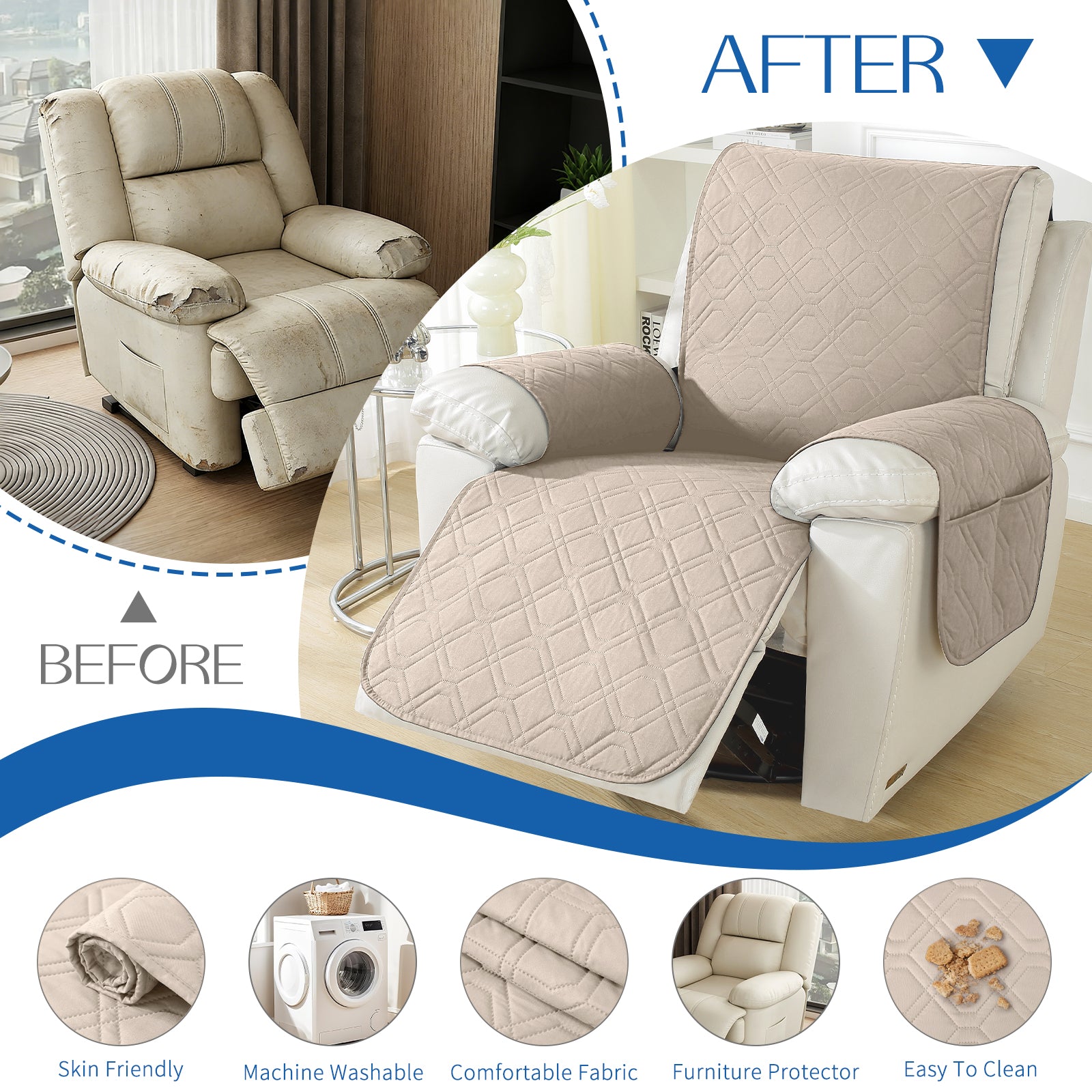 Larger imperméable Recliner Armchair couverture with accoudoirs antidérapant Pockets