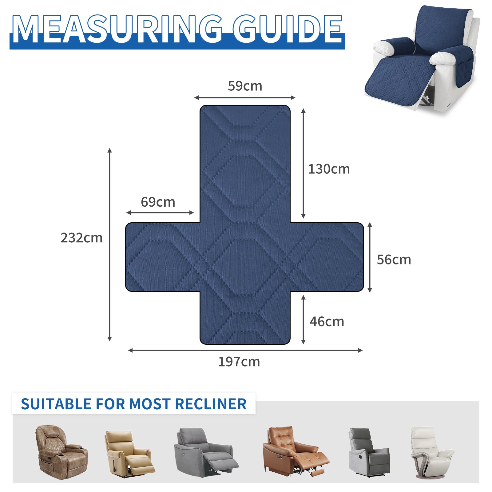 Waterproof Recliner Armchair Cover with Armrests Anti Slip Pockets