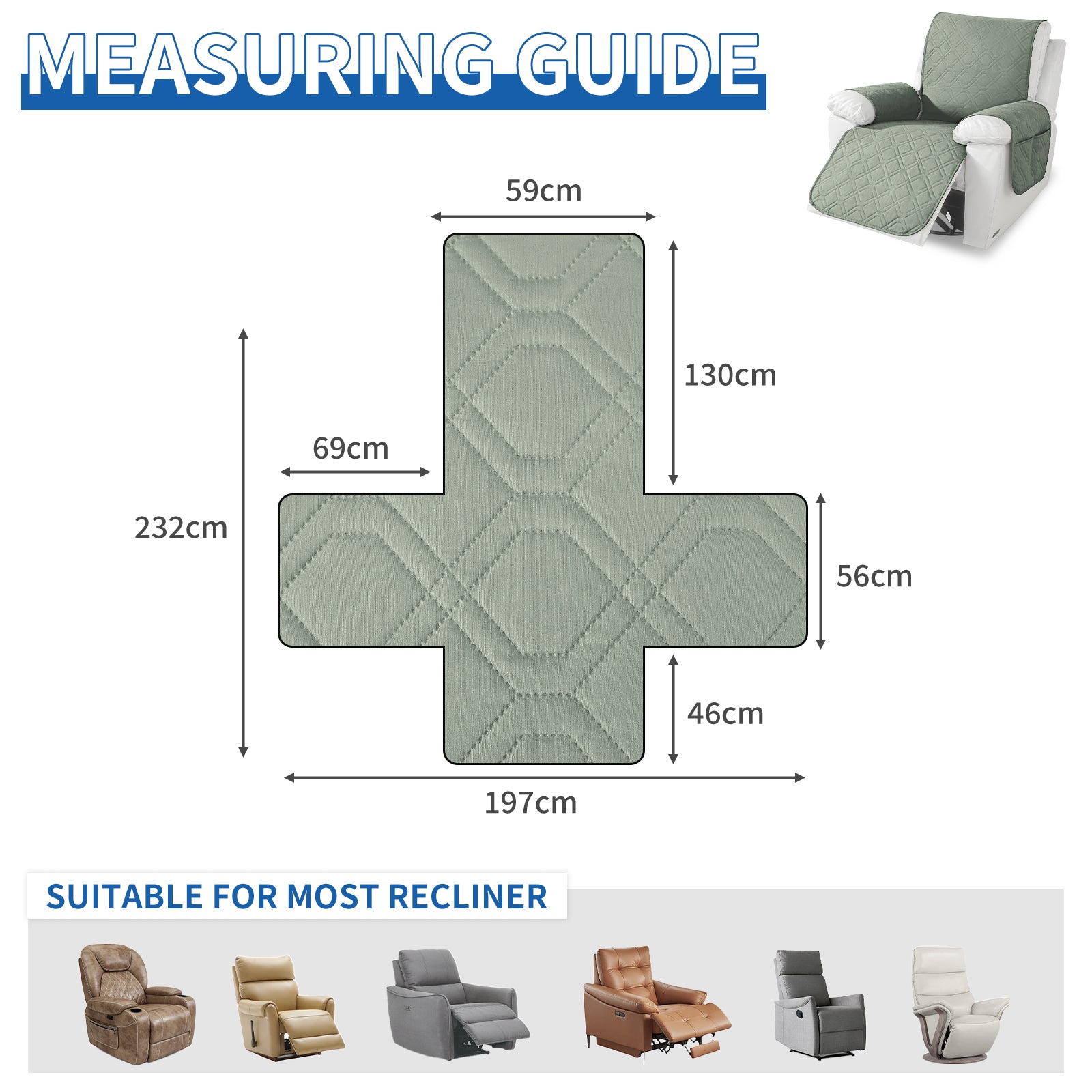 Waterproof Recliner Armchair Cover with Armrests Anti Slip Pockets