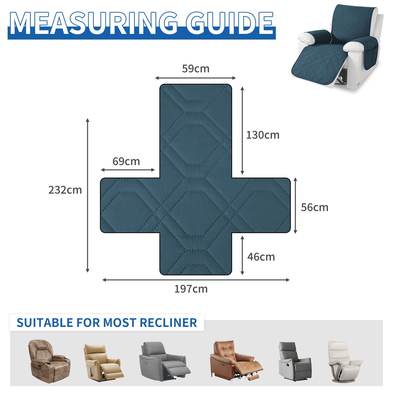 Waterproof Recliner Armchair Cover with Armrests Anti Slip Pockets