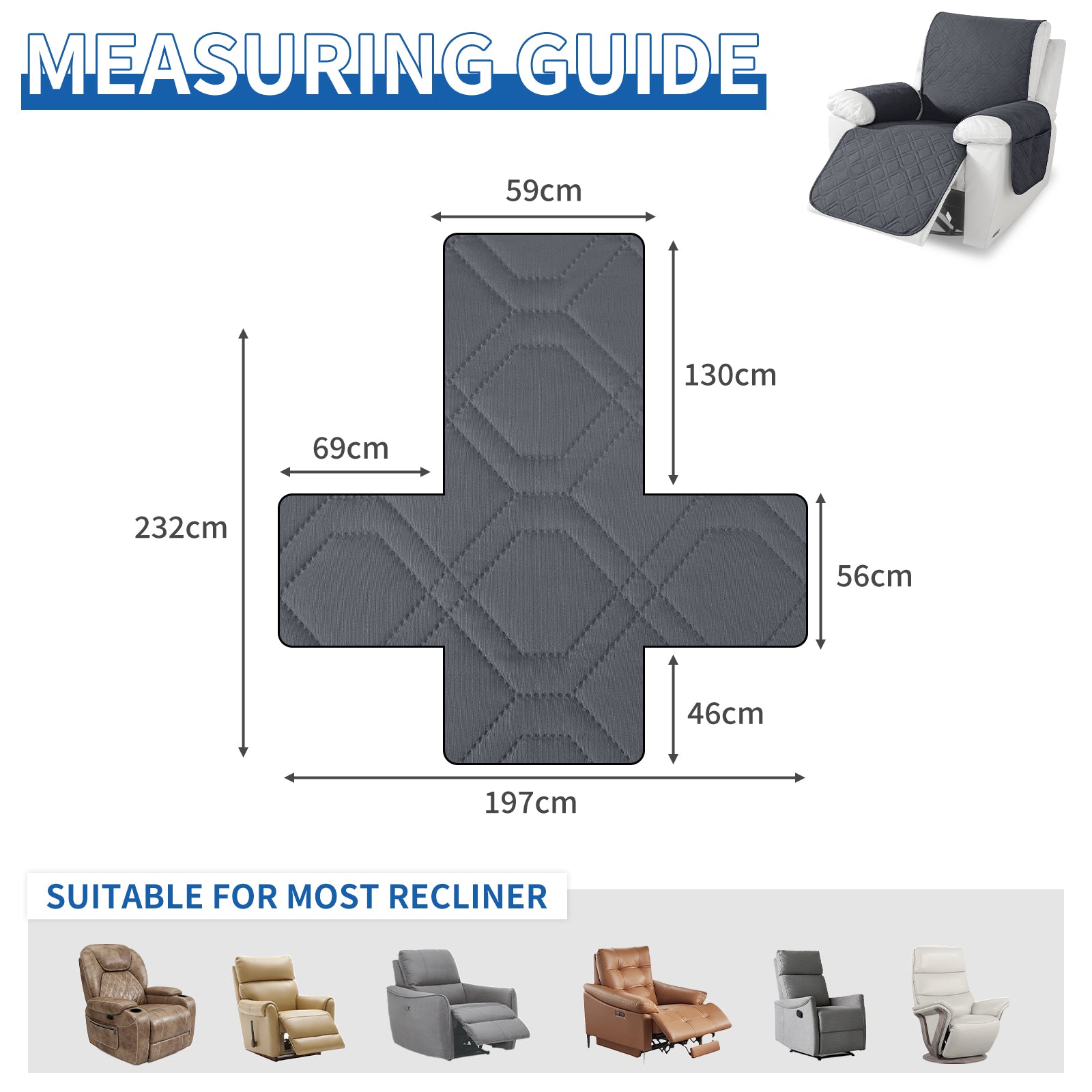 Waterproof Recliner Armchair Cover with Armrests Anti Slip Pockets
