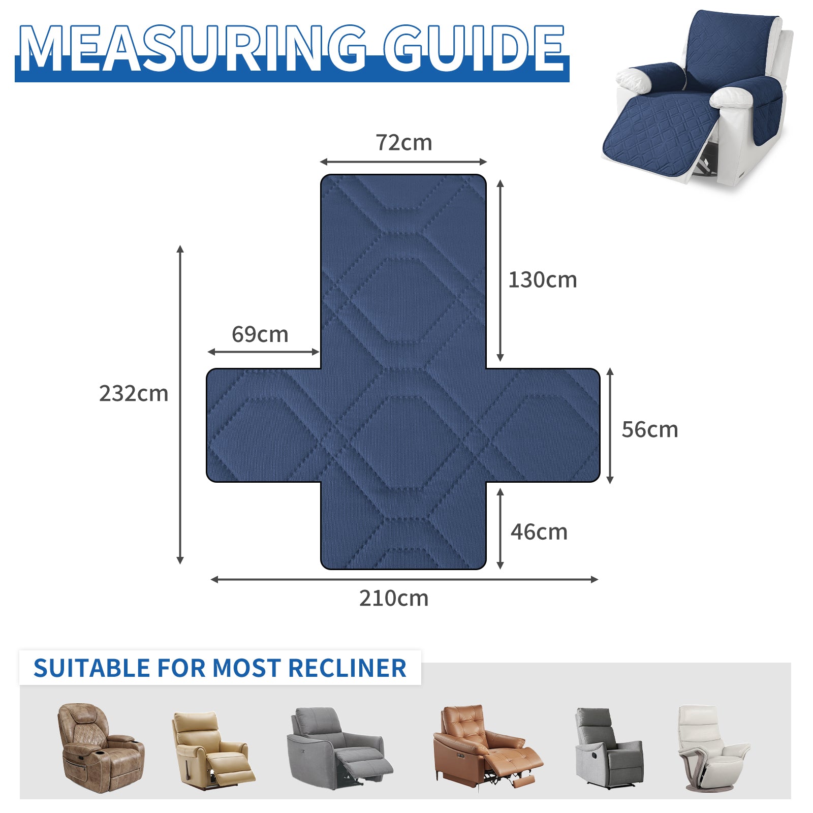 Larger imperméable Recliner Armchair couverture with accoudoirs antidérapant Pockets