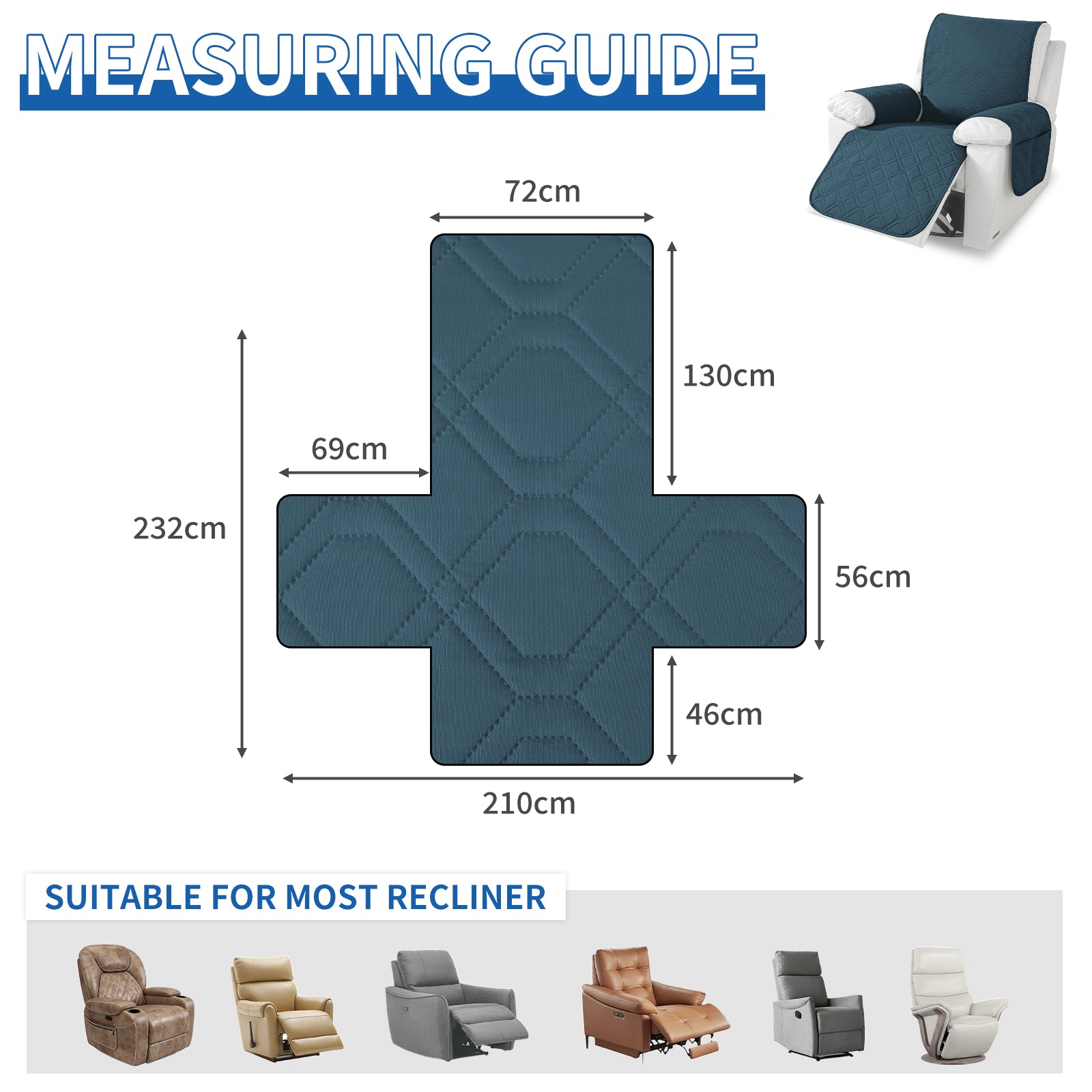 Larger imperméable Recliner Armchair couverture with accoudoirs antidérapant Pockets