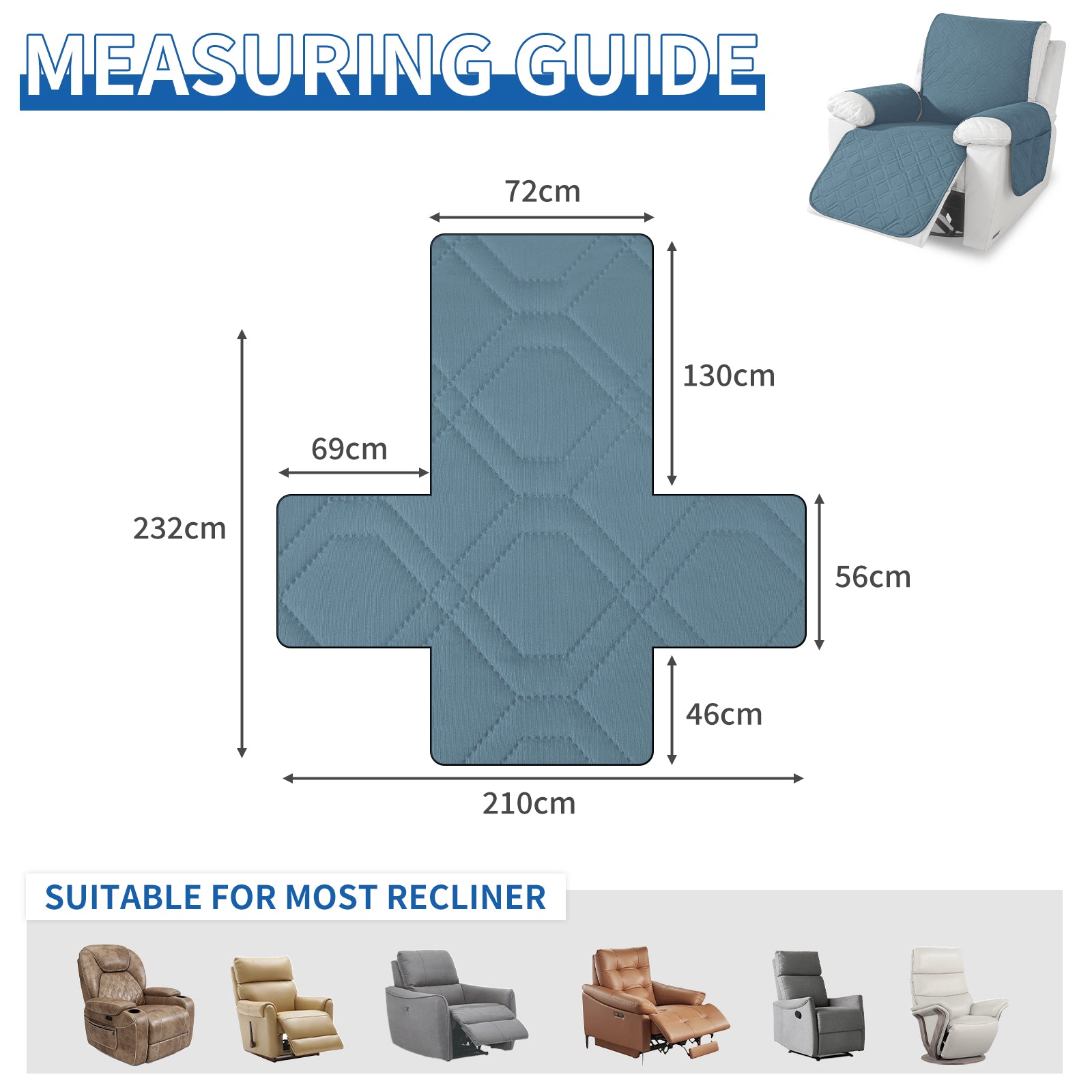 Larger imperméable Recliner Armchair couverture with accoudoirs antidérapant Pockets