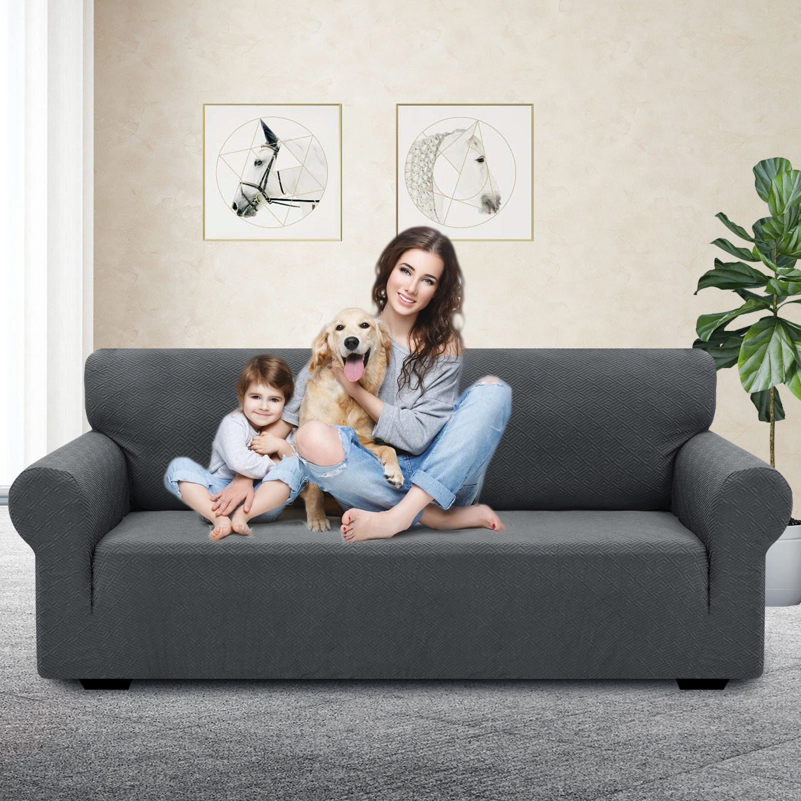 Housse de canapé 2 places YSTYLE - Serrage élastique, résistante aux griffures d'animaux, jacquard géométrique, antidérapante, lavable - Forme dos