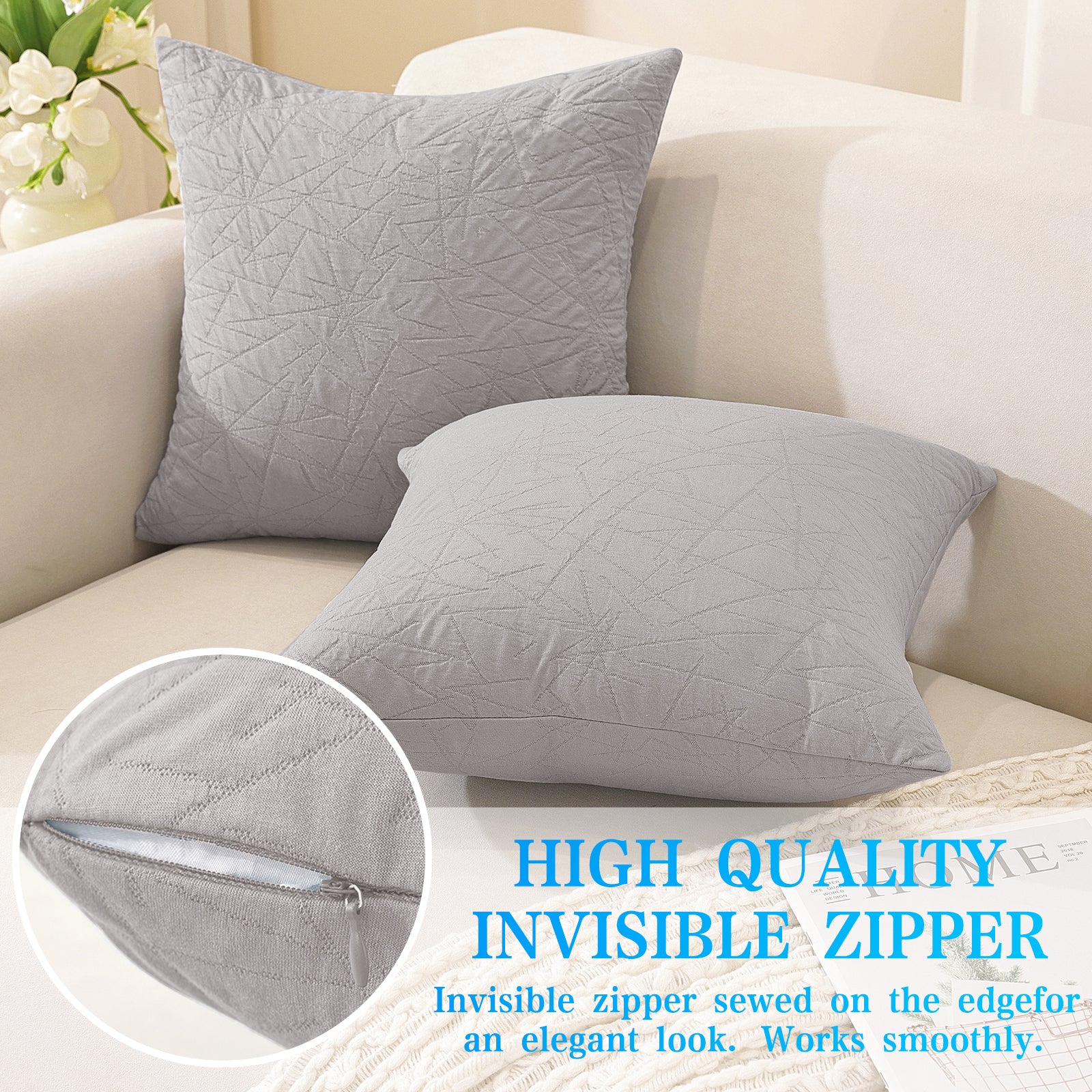 Ystyle 2 Pieces Sofa Cushion Covers 60 x 60 cm, Cushion Covers with Invisible Zipper, Square Pillowcases, Modern Sofa Pillowcases, for Living Room Bedroom Balcony Outdoor