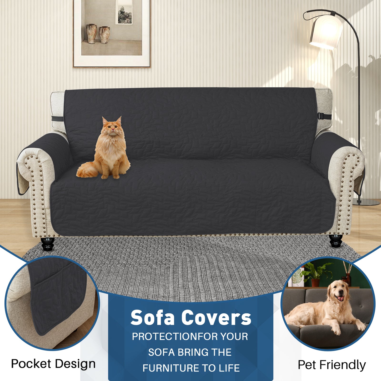 YSTYLE Wasserdichte Sofahülle für 3-Sitzer mit Armlehnen, Anti-Rutsch