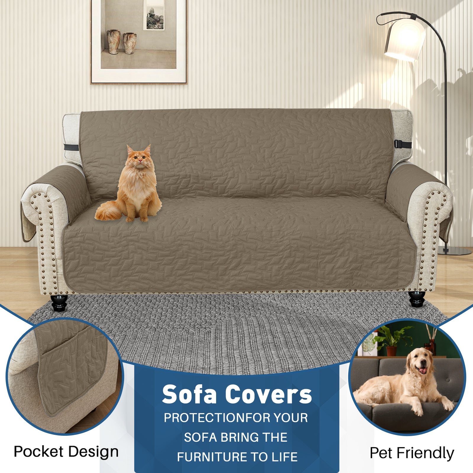 YSTYLE Wasserdichte Sofahülle für 3-Sitzer mit Armlehnen, Anti-Rutsch
