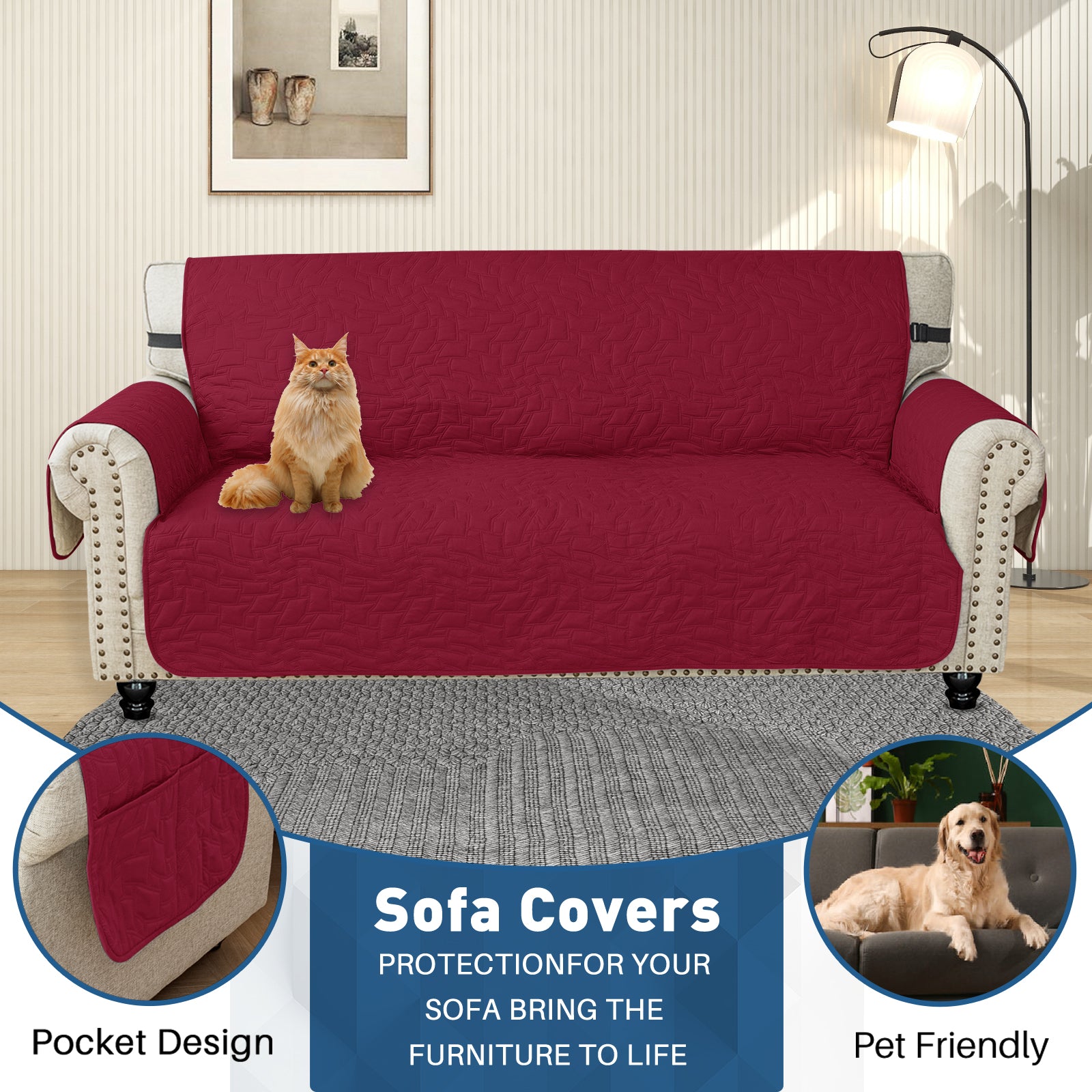 YSTYLE Wasserdichte Sofahülle für 3-Sitzer mit Armlehnen, Anti-Rutsch