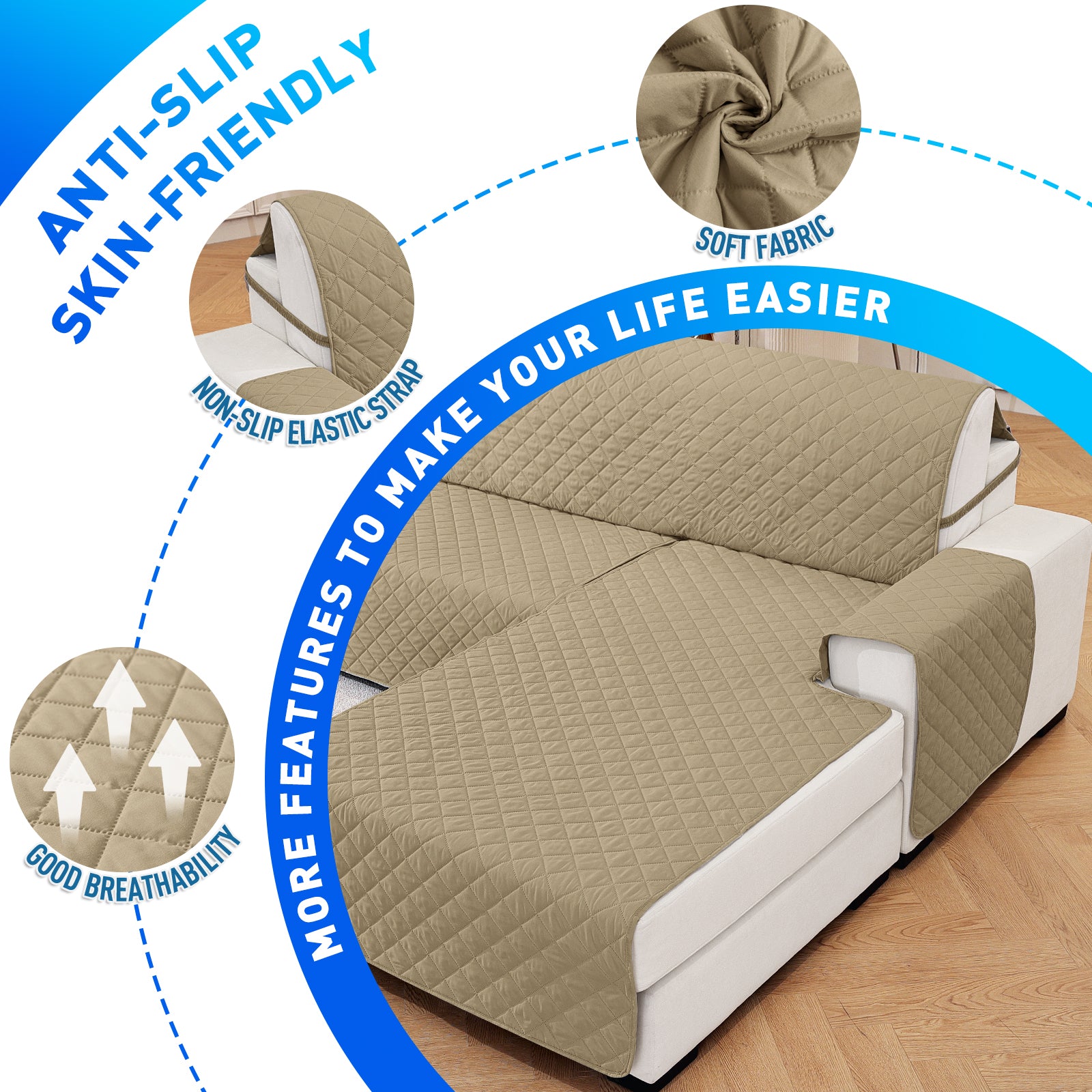 Ystyle Waterproof 3 Seater Corner Sofa Cover Reversible Anti Slip