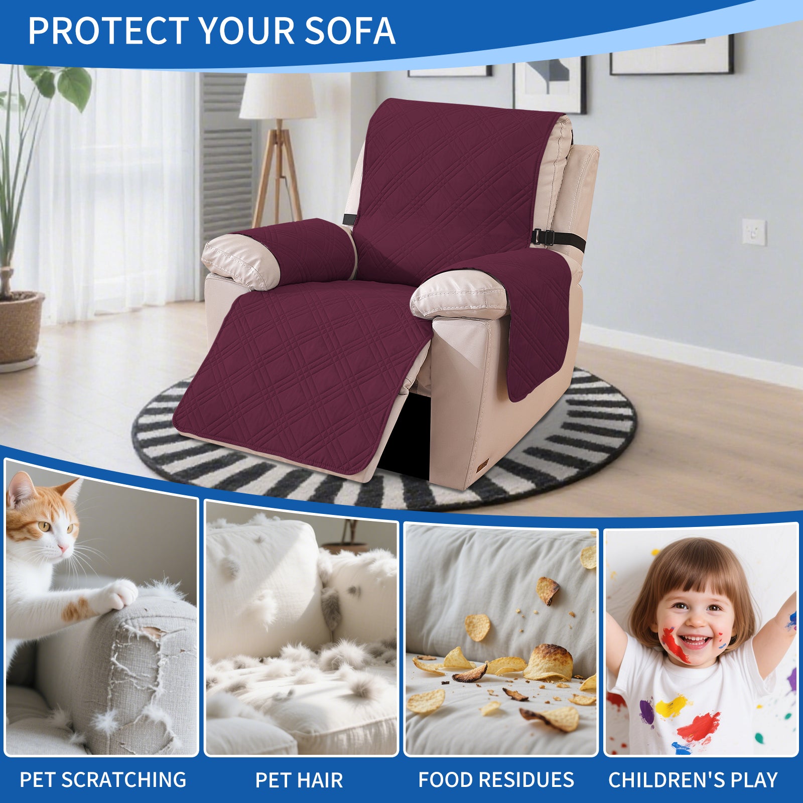 YSTYLE Reversible Reclining Armchair Cover with Armrests Anti Scratch-YSTYLE