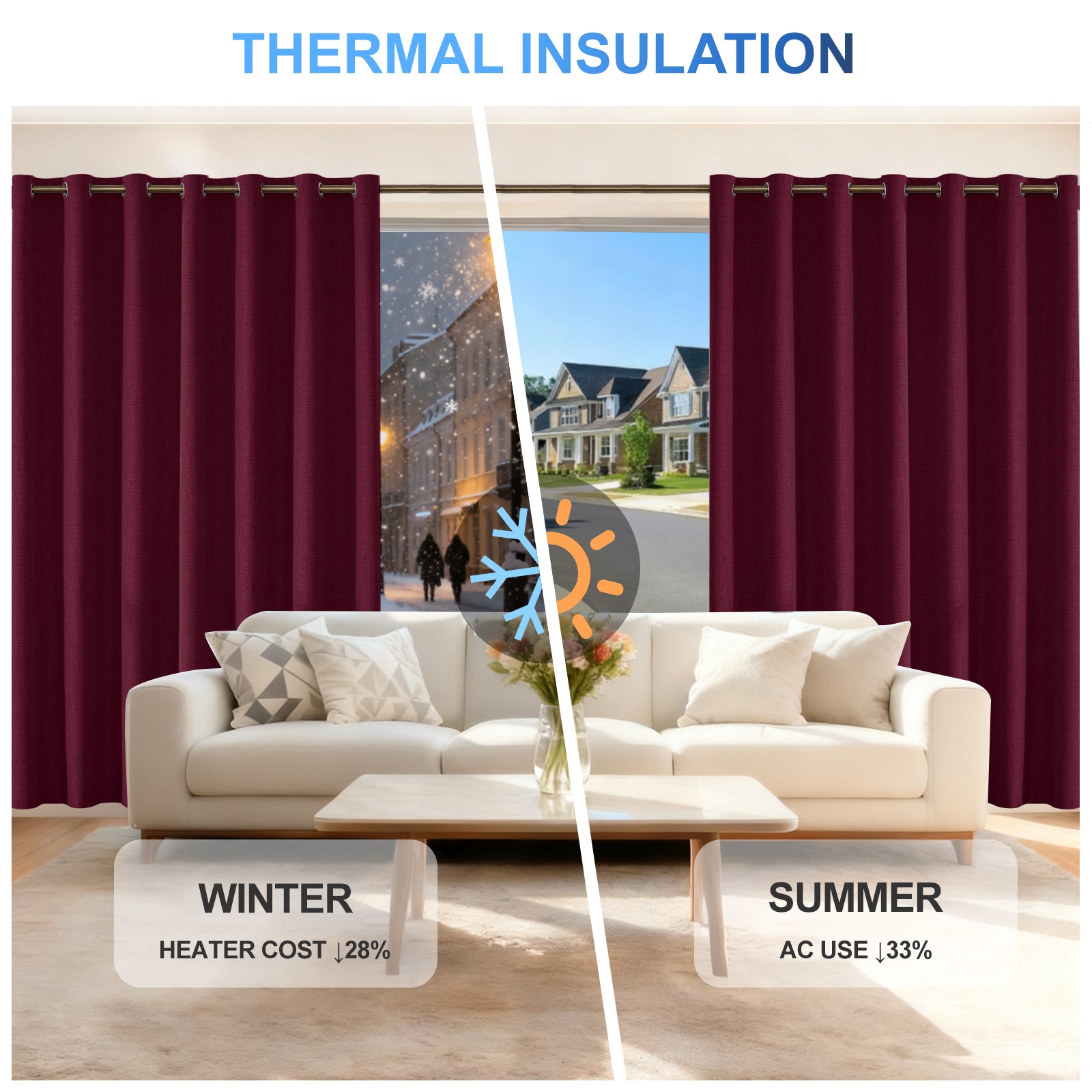 2 Pieces 100% Blackout Linen Curtains 140x175 cm Thermal