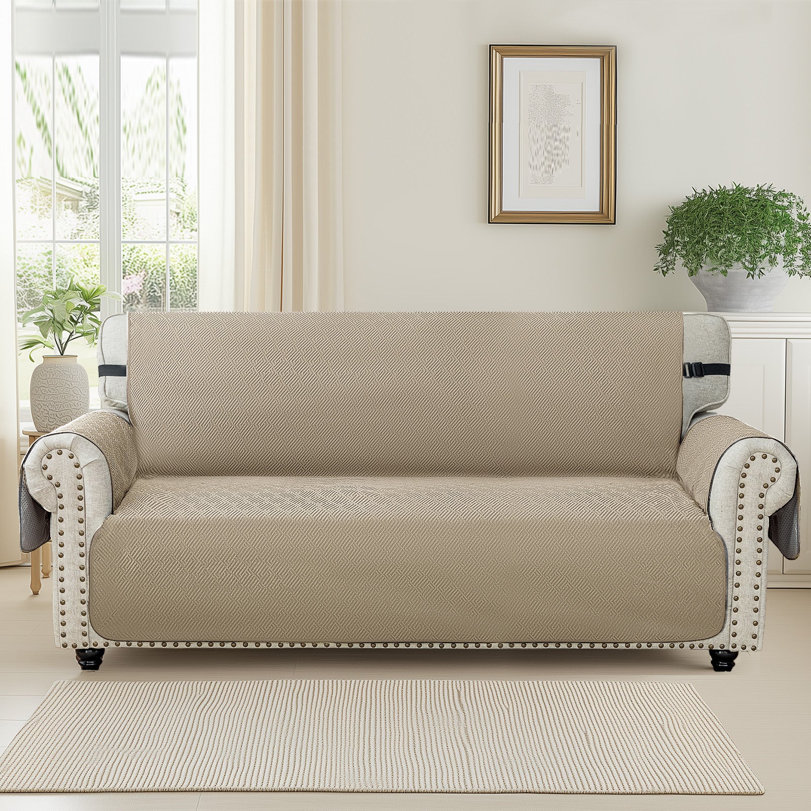 4 Seater Sofa Cover with Armrests in Anti-Scratch Non-Slip Green Fabric