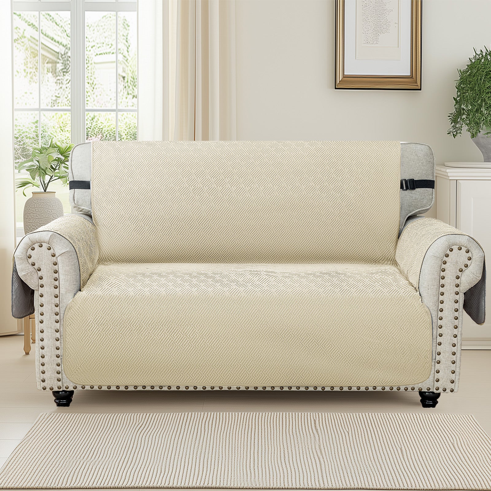 3 Seater Sofa Cover with Armrests in Non-Slip Scratch-Resistant Geometric Fabric