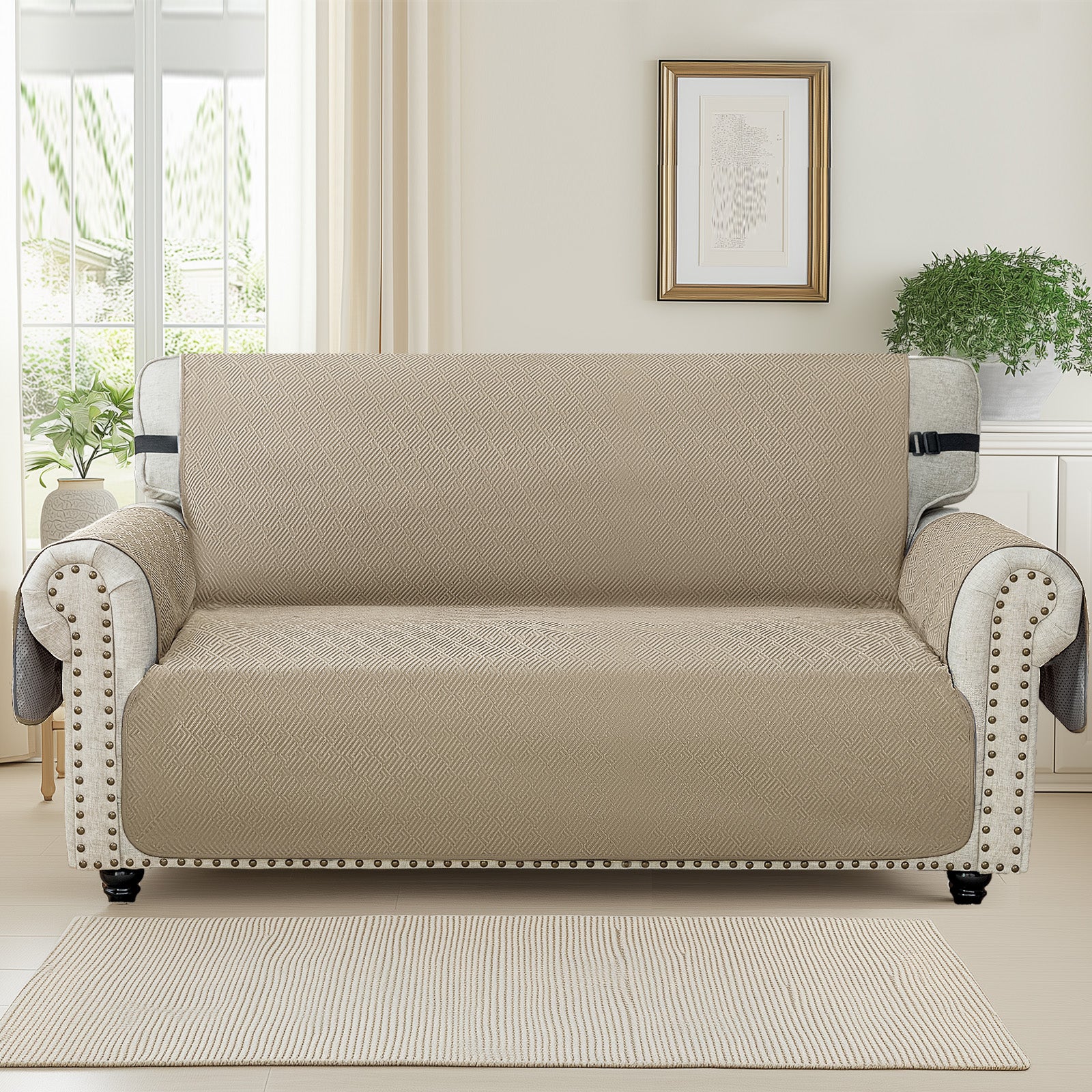 3 Seater Sofa Cover with Armrests in Non-Slip Scratch-Resistant Geometric Fabric