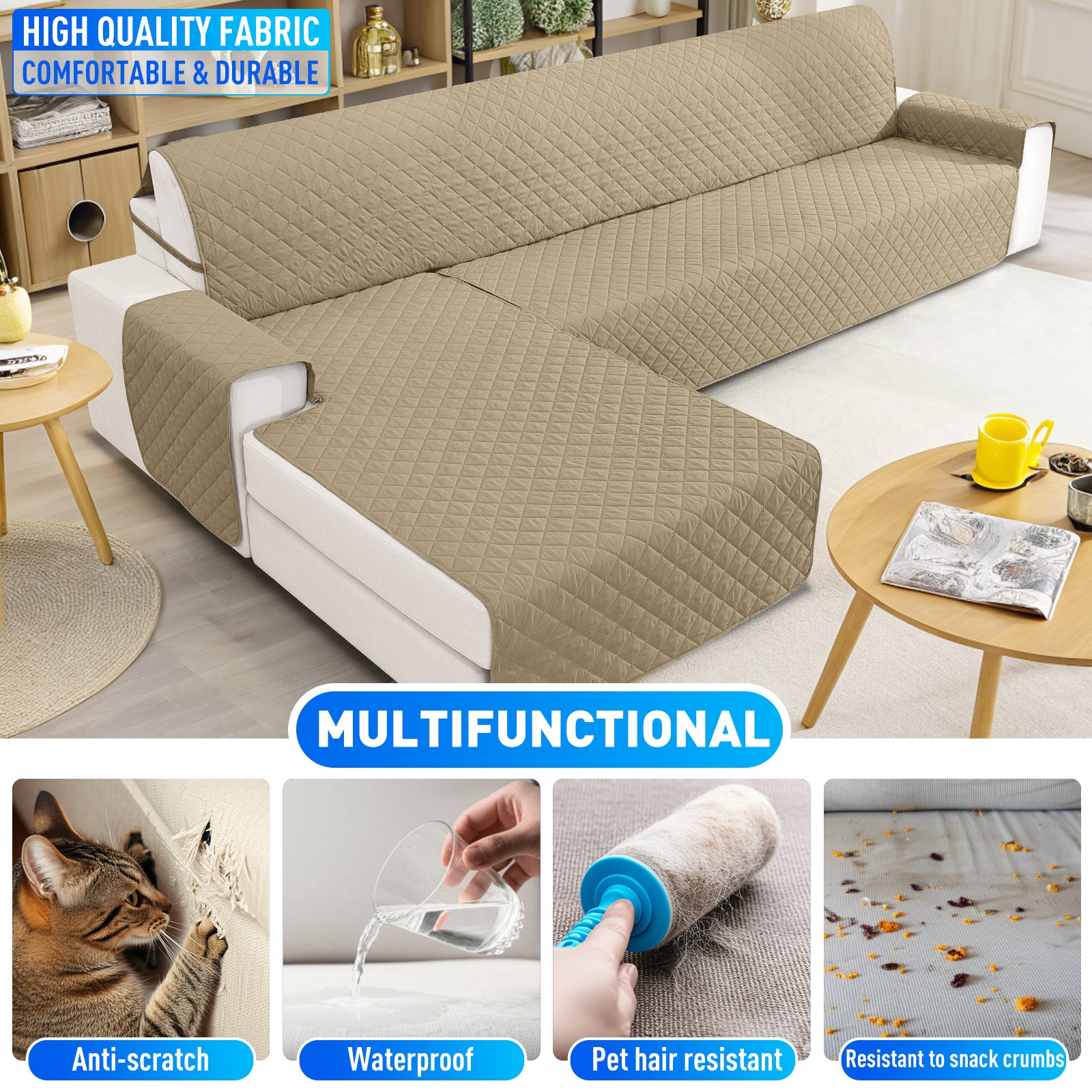 Ystyle Waterproof 3 Seater Corner Sofa Cover Reversible Anti Slip