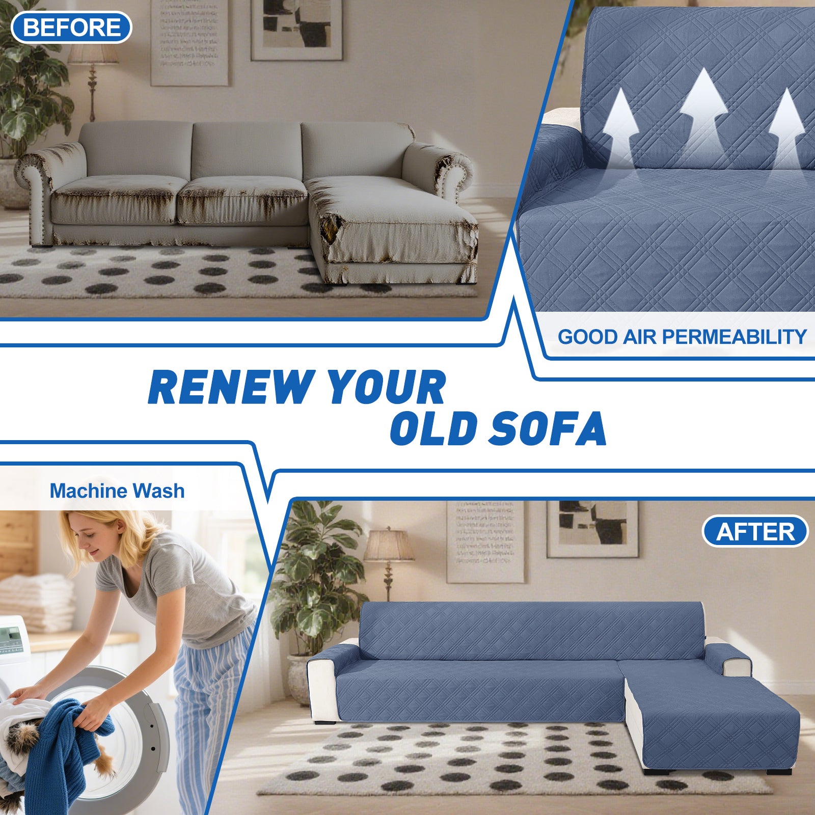 YSTYLE Reversible 4 Seater Corner Sofa Cover Quilted Anti Slip-YSTYLE